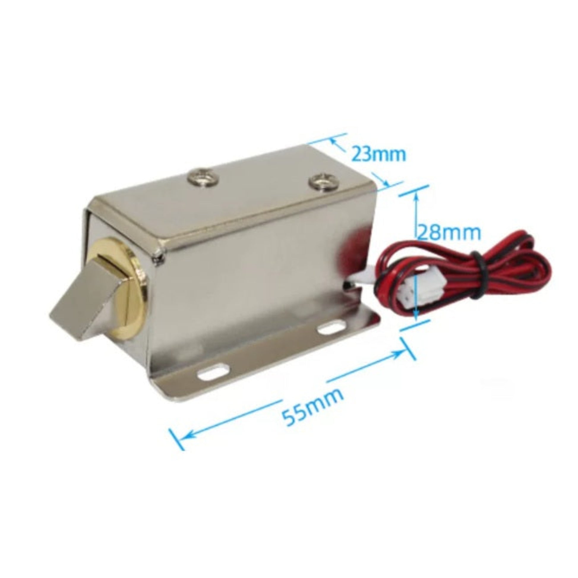 Schematic showing 55mm x 23mm x 28mm dimensions of the 12V solenoid lock.