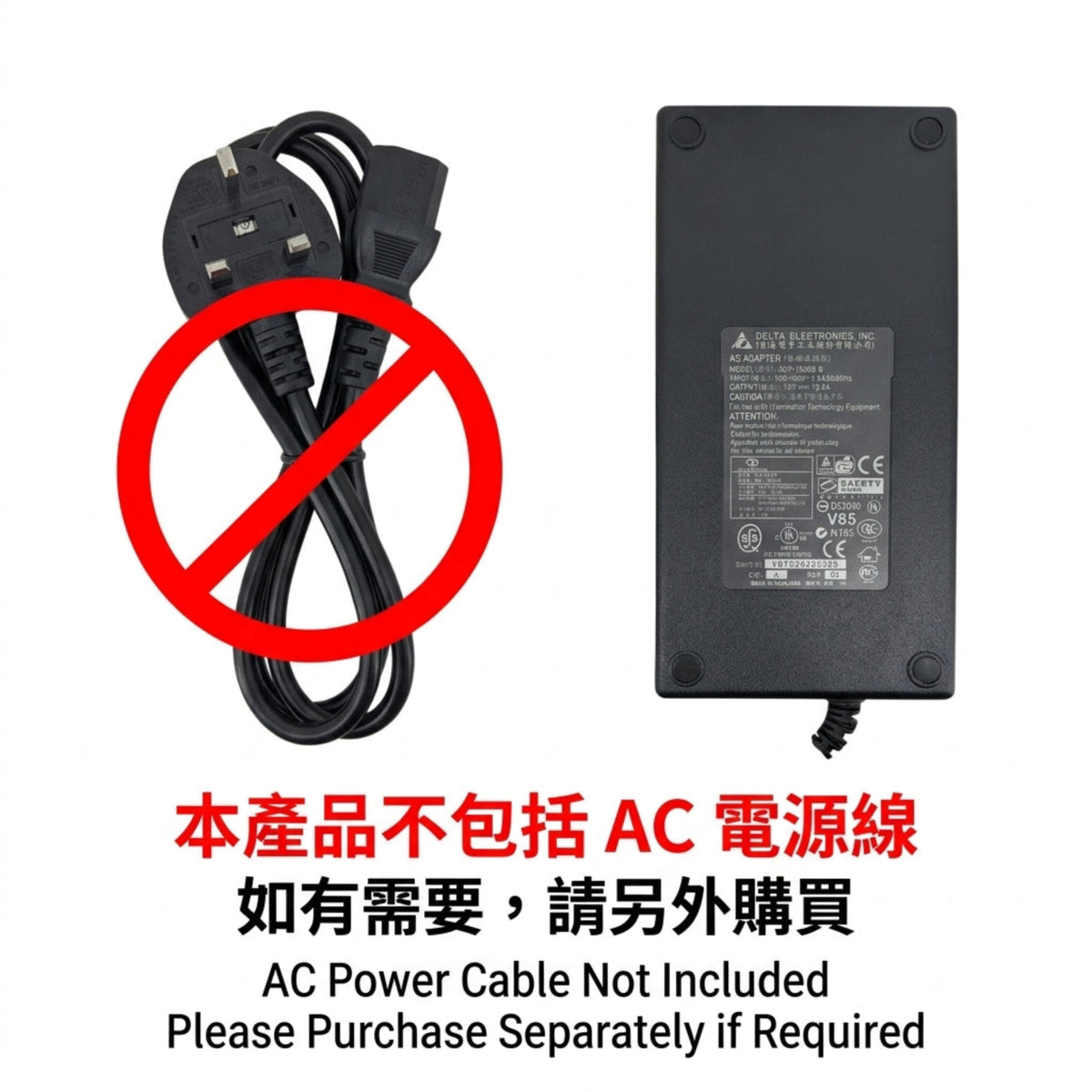 產品警告圖示，提醒買家此 12V 12.5A 火牛並不包含 AC 電源線，需要另外購買。