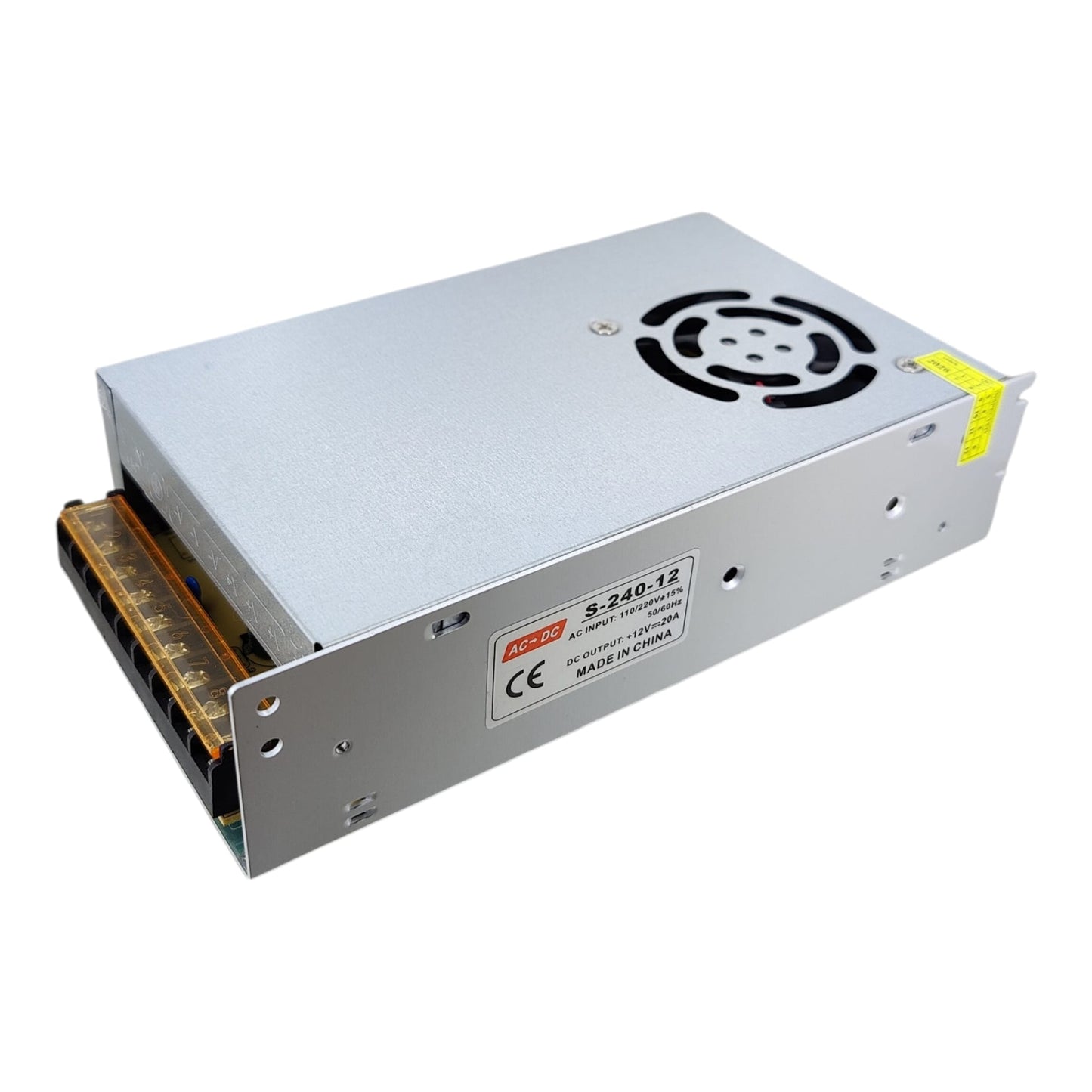 High capacity 12V 20A power supply featuring a built-in cooling fan.
