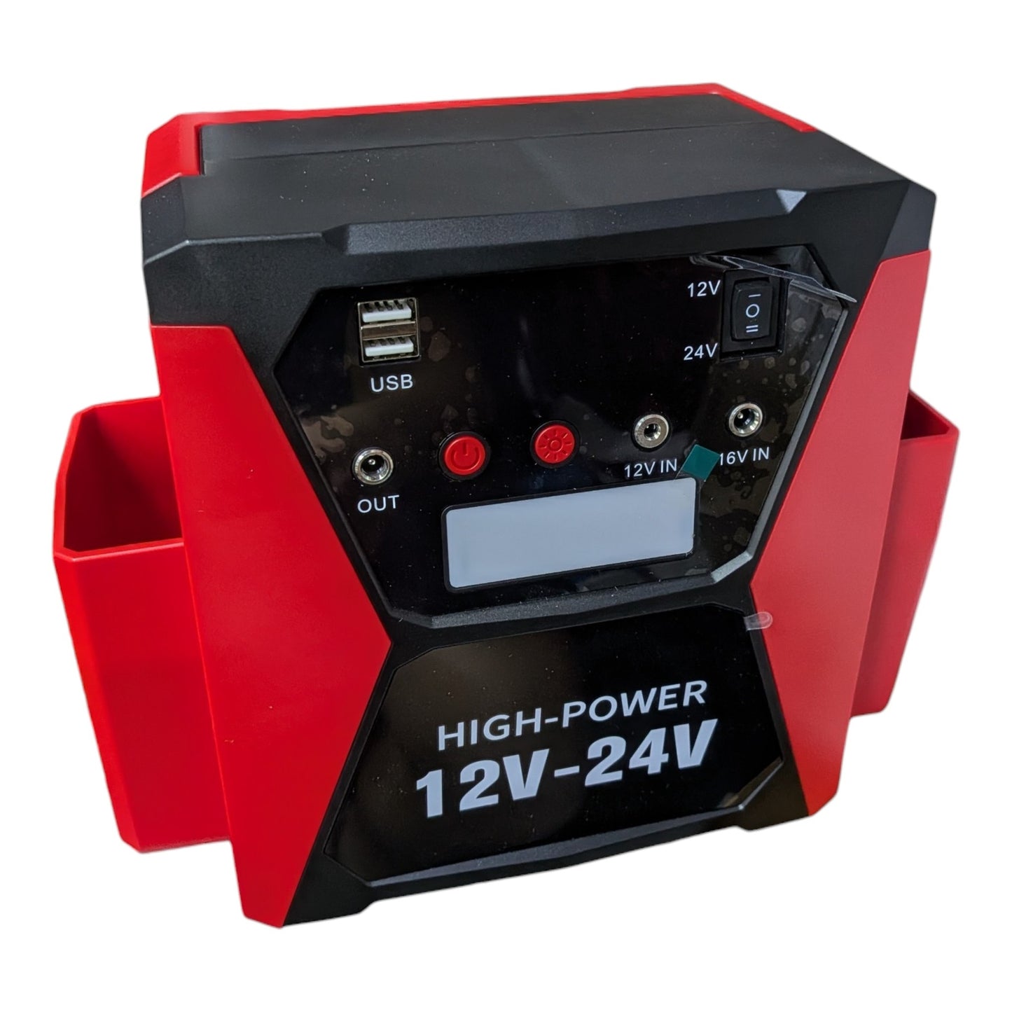 12V/24V 重型汽車救車過江龍正面圖，具備 42000mAh 特大容量、雙 USB 輸出及 LED 顯示熒幕，適合各類貨車及私家車。