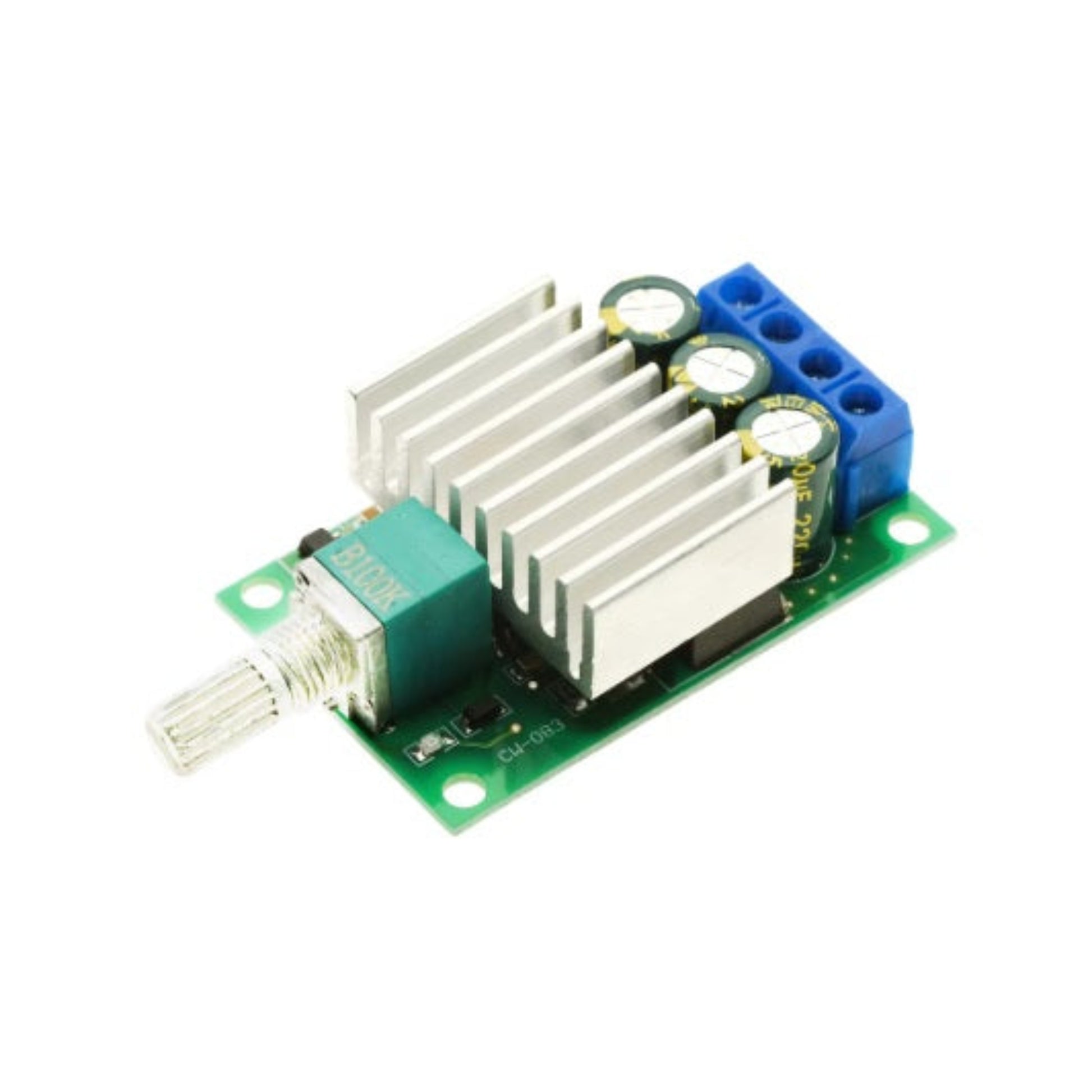 12V-30V 10A PWM 直流摩打調速器頂部視圖，展示大型鋁合金散熱片及帶開關的 B100K 旋鈕，適合香港 DIY 玩家。