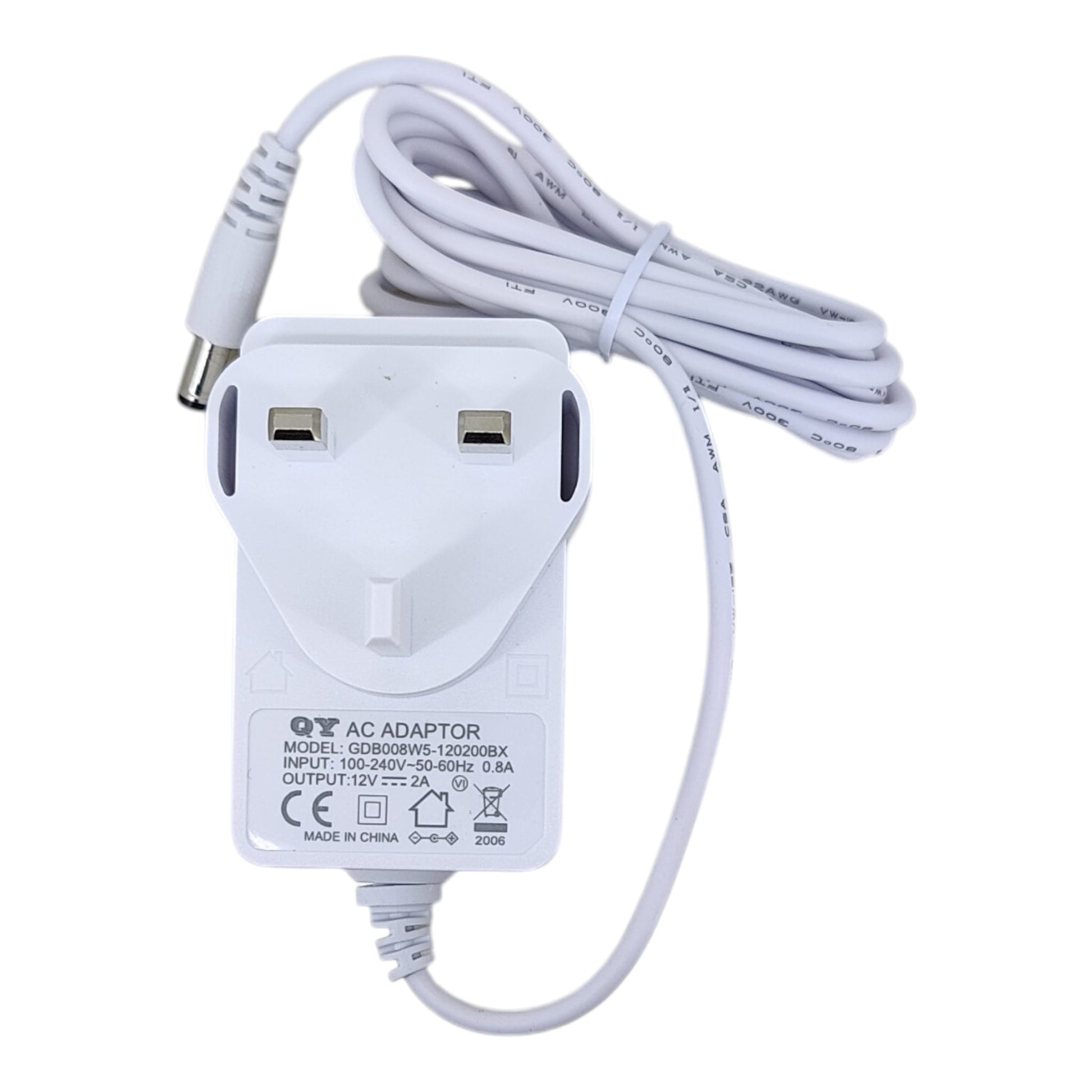 Technical specification label for GDB008W5-120200BX 12V 2A power supply.