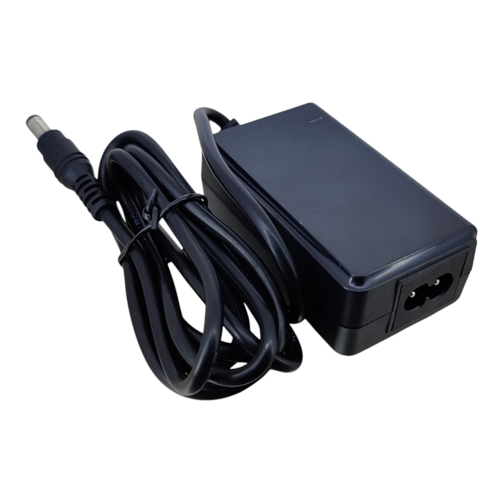 Angled view of the 12V 2A power adapter showing the Figure-8 input socket and the attached output cable with barrel plug.