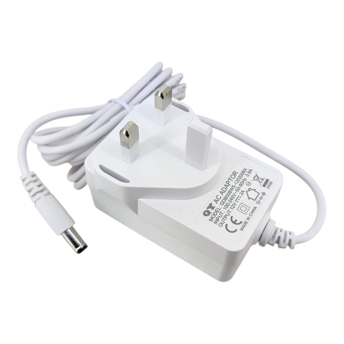 12V 2A AC Adapter with UK 3-Pin Plug and White Cable.