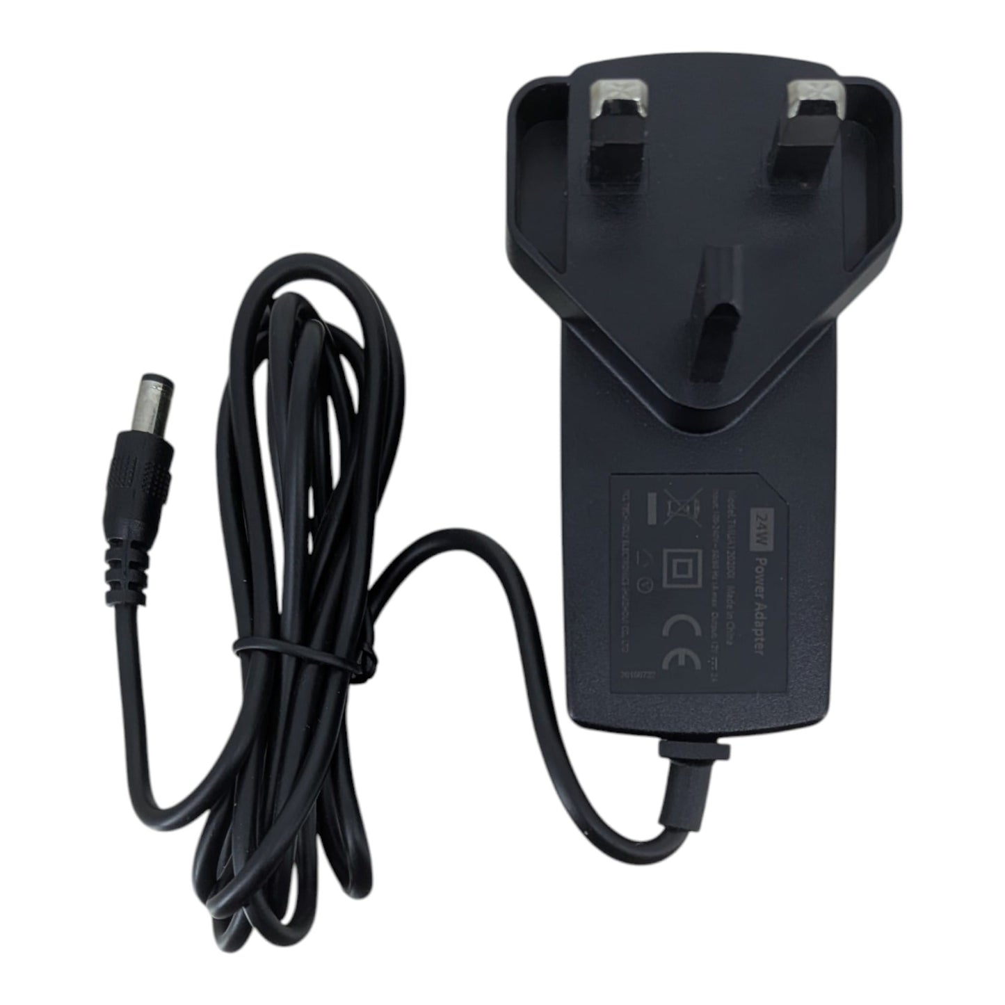 12V 2A 火牛電源適配器頂部視圖，展示標準英規三腳插頭及 5.5x2.5mm DC 供電接頭，適合香港家居使用。