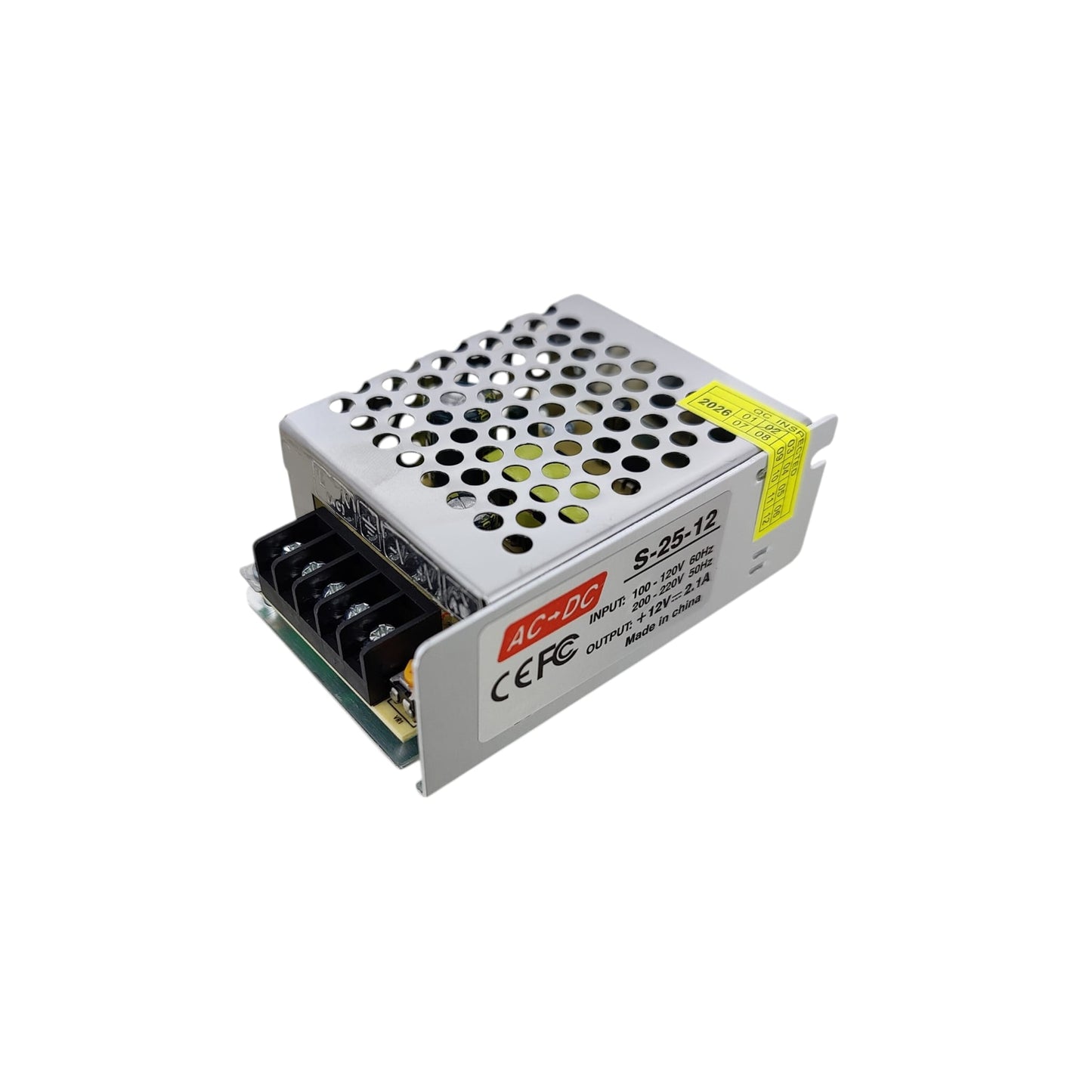 12V 2A DC transformer with metal mesh casing for heat dissipation.