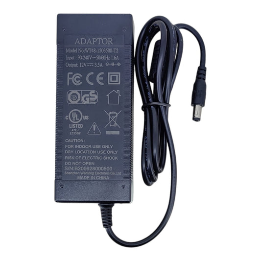 Label of 12V 3.5A power adapter showing model WT48-1203500-T2 and safety certifications.