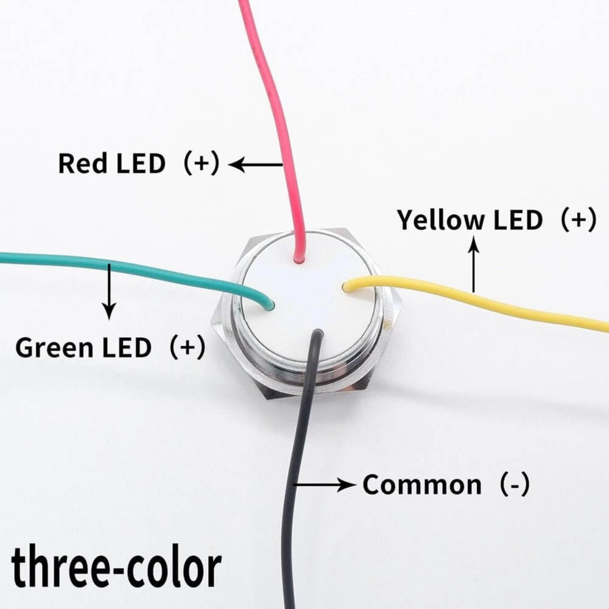 4-wire connection diagram for 12V 3-color LED indicator with common negative wiring.
