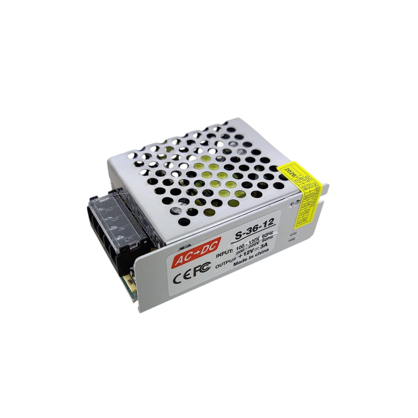 12V 3A industrial power supply showing access terminals.