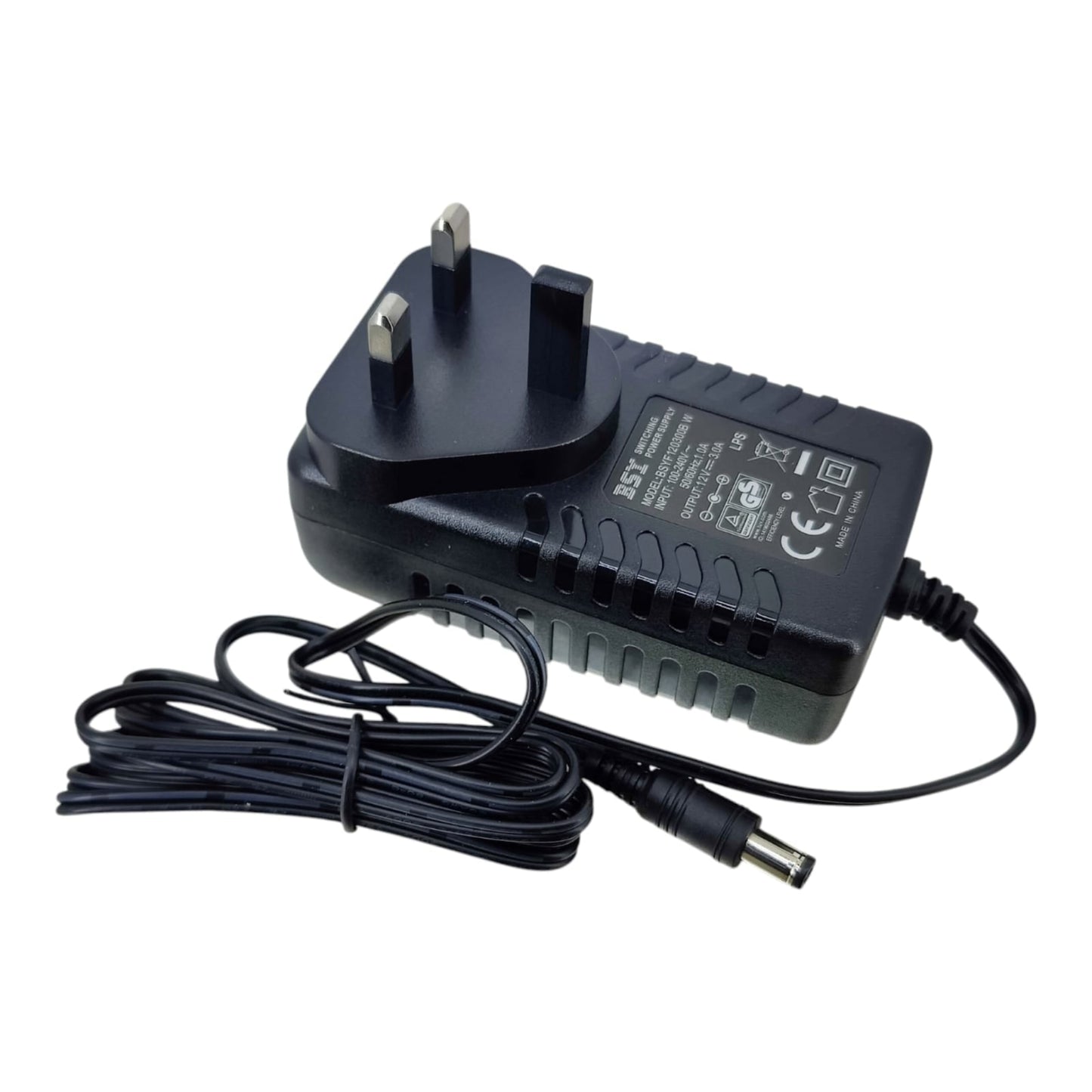 Black 12V 3A power adapter with UK 3-pin plug and cable attached.