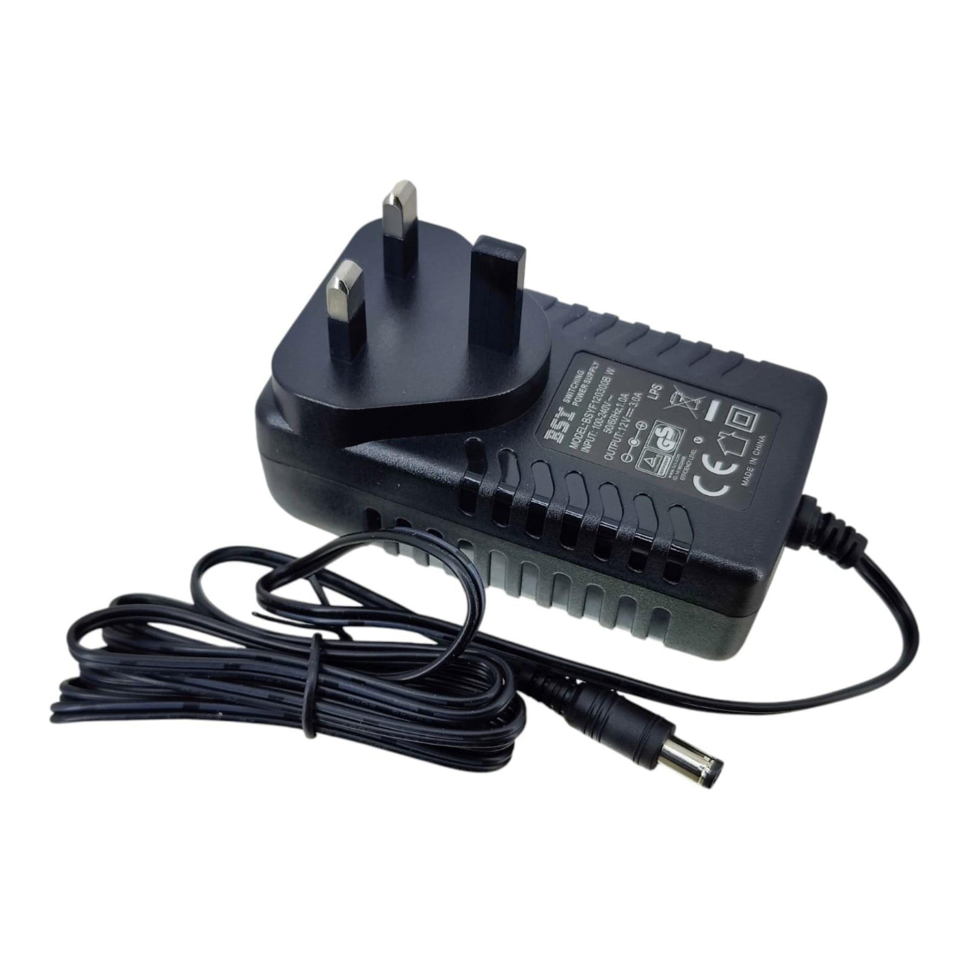 Black 12V 3A power adapter with UK 3-pin plug and cable attached.
