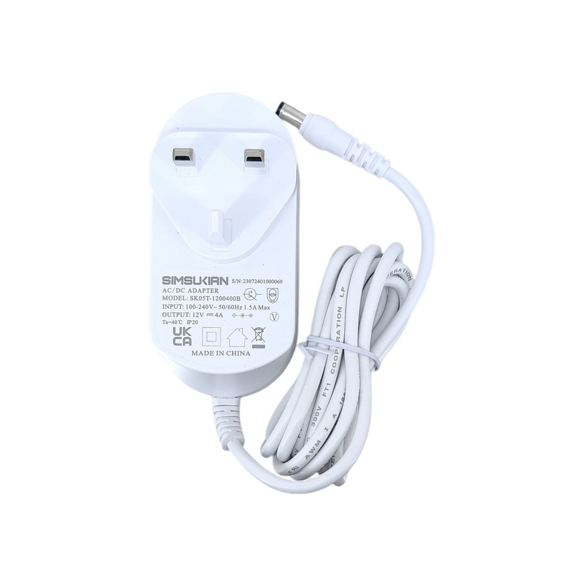 SIMSUKIAN 12V 4A power adapter with UK 3-pin plug and DC cable