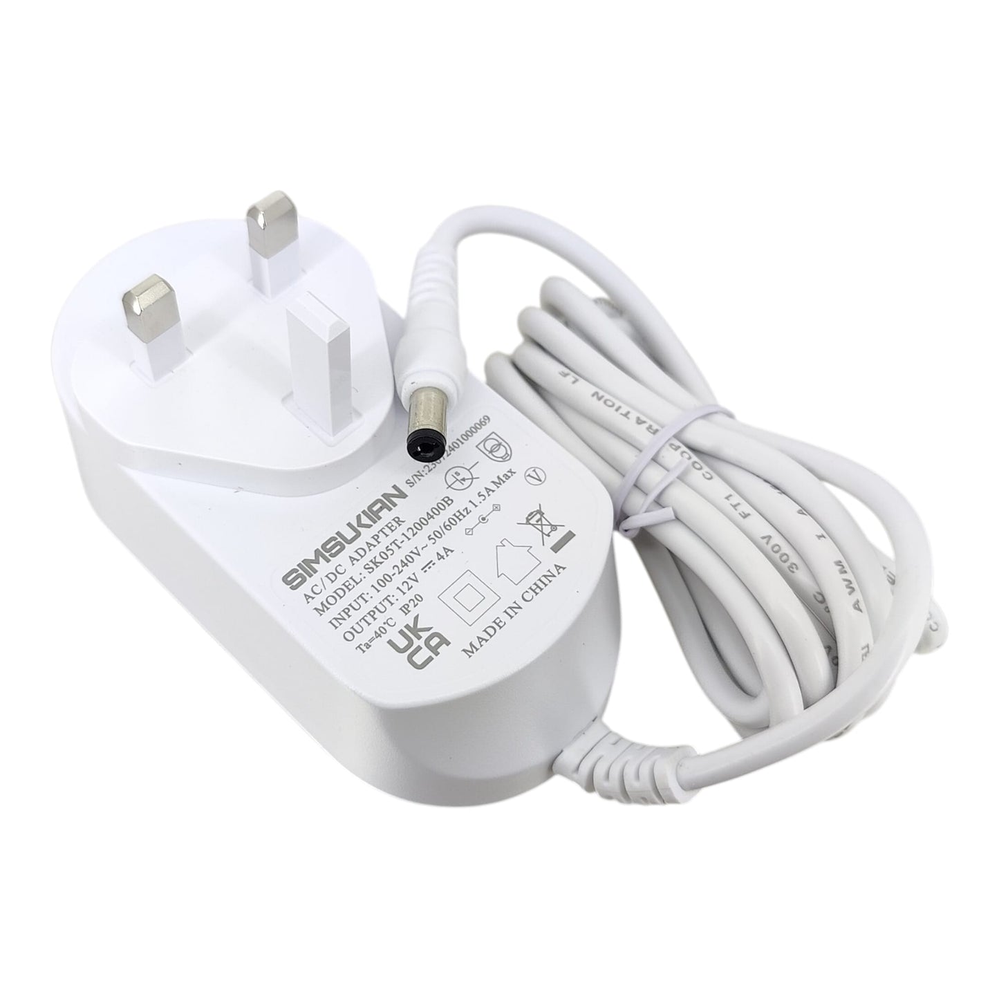 Close-up of 12V 4A power supply label showing 100-240V input and CE UK CA certifications