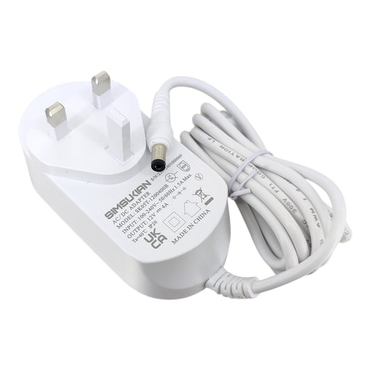 Close-up of 12V 4A power supply label showing 100-240V input and CE UK CA certifications