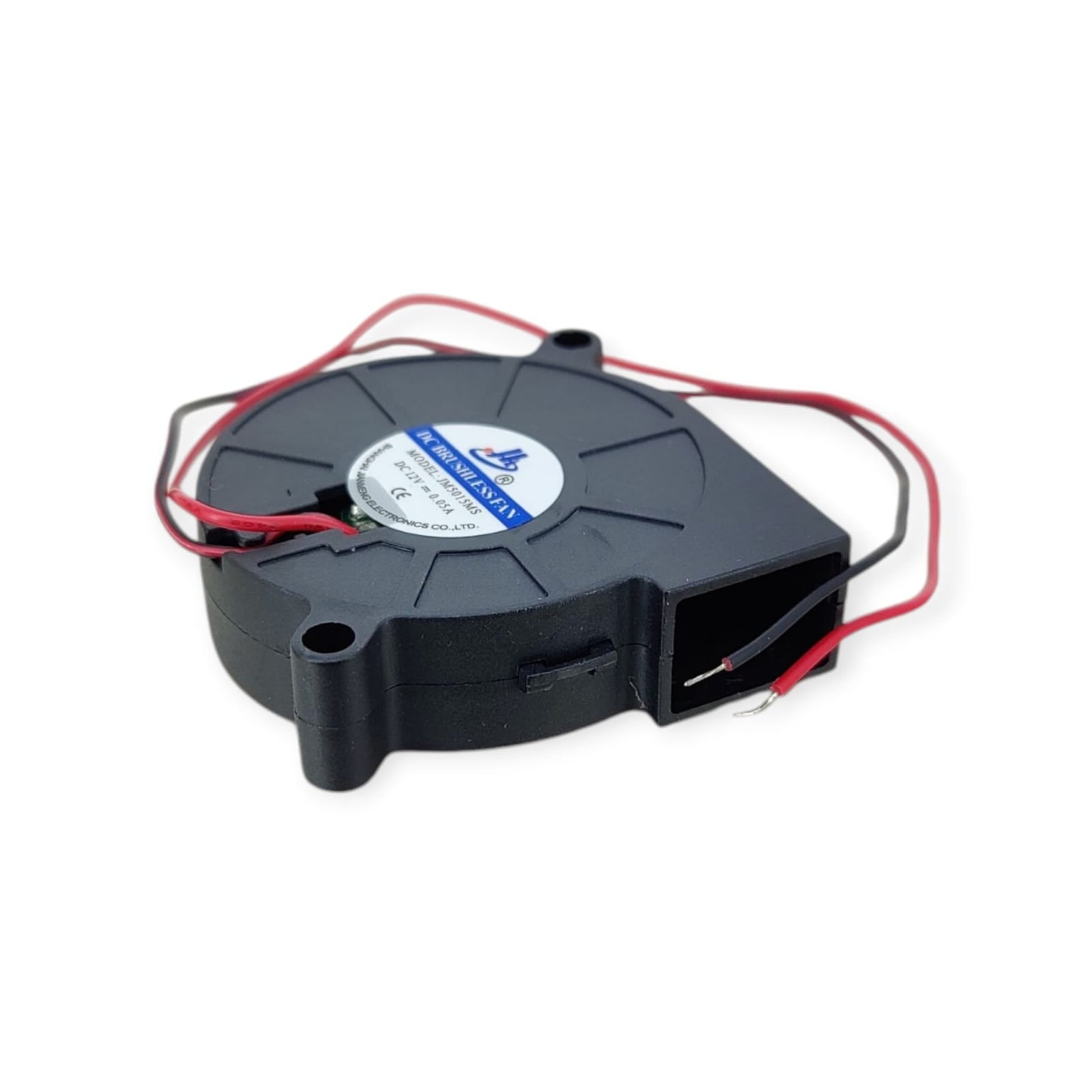 Side profile of a 12V 5015 snail blower fan, showing the rectangular air outlet.