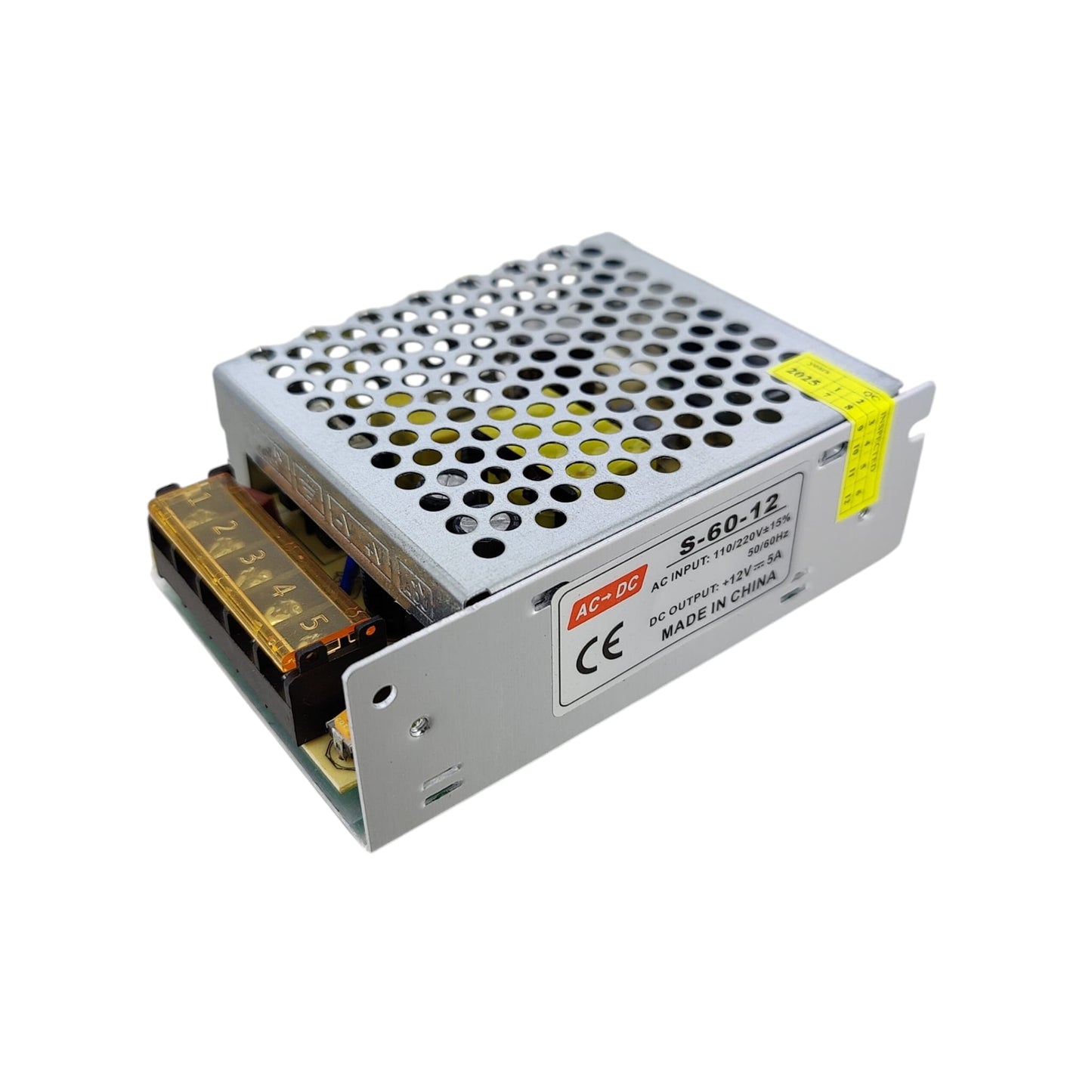 12V 5A switching power supply with clear safety terminal cover.