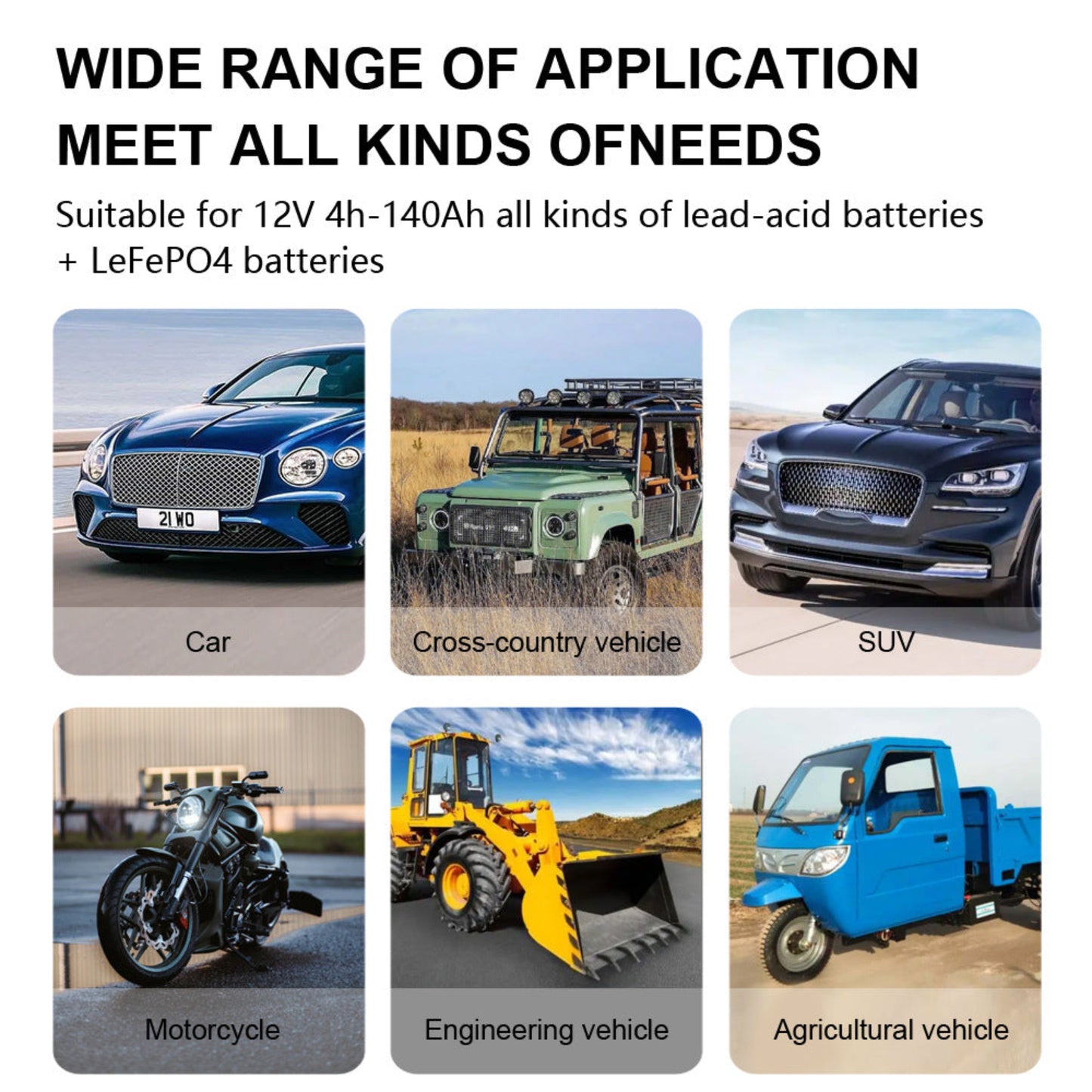 Various vehicles with text highlighting battery compatibility across different applications.