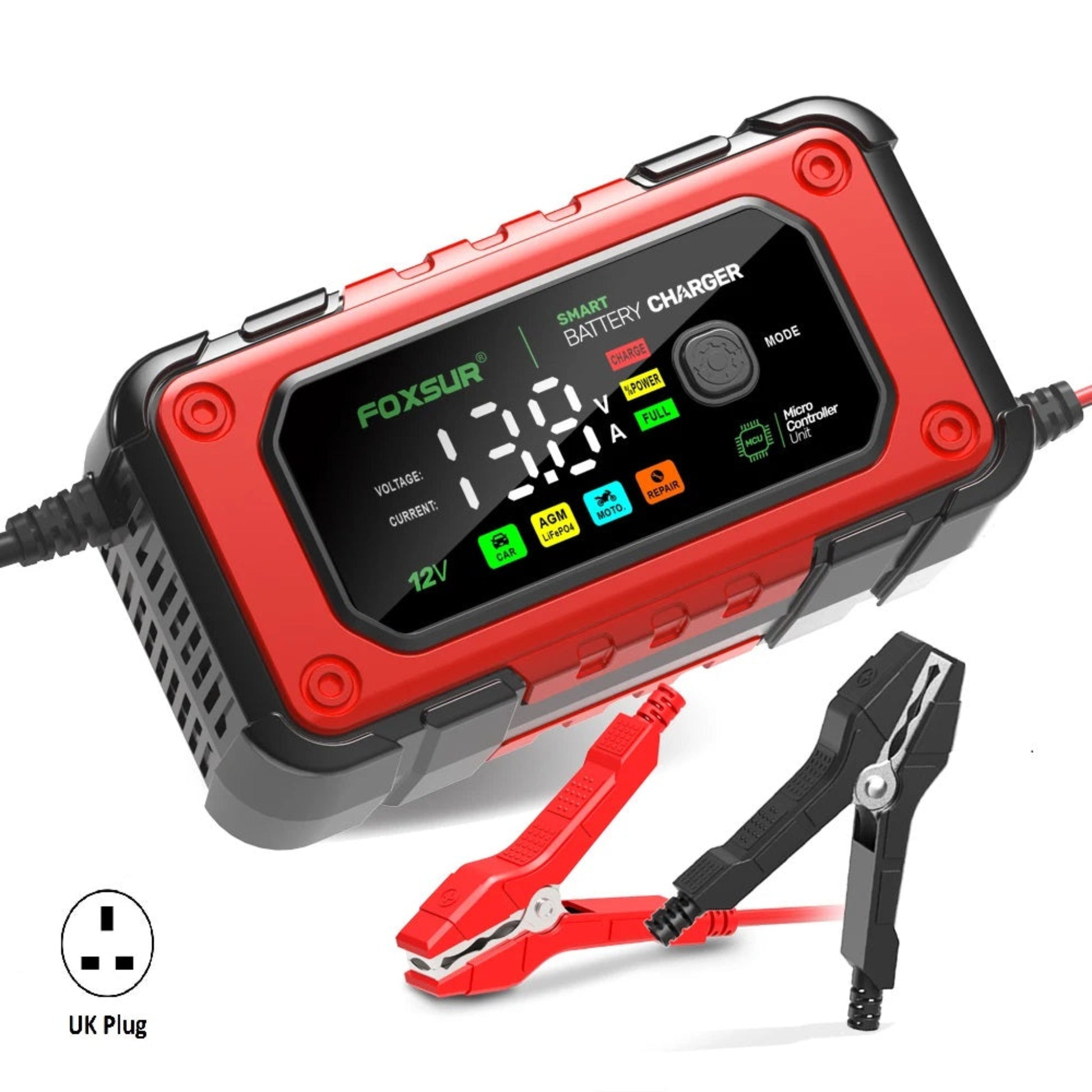 Foxsur 12V 7A Smart Battery Charger with UK plug and LCD screen