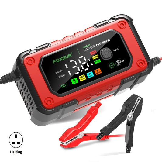 Foxsur 12V 7A Smart Battery Charger with UK plug and LCD screen