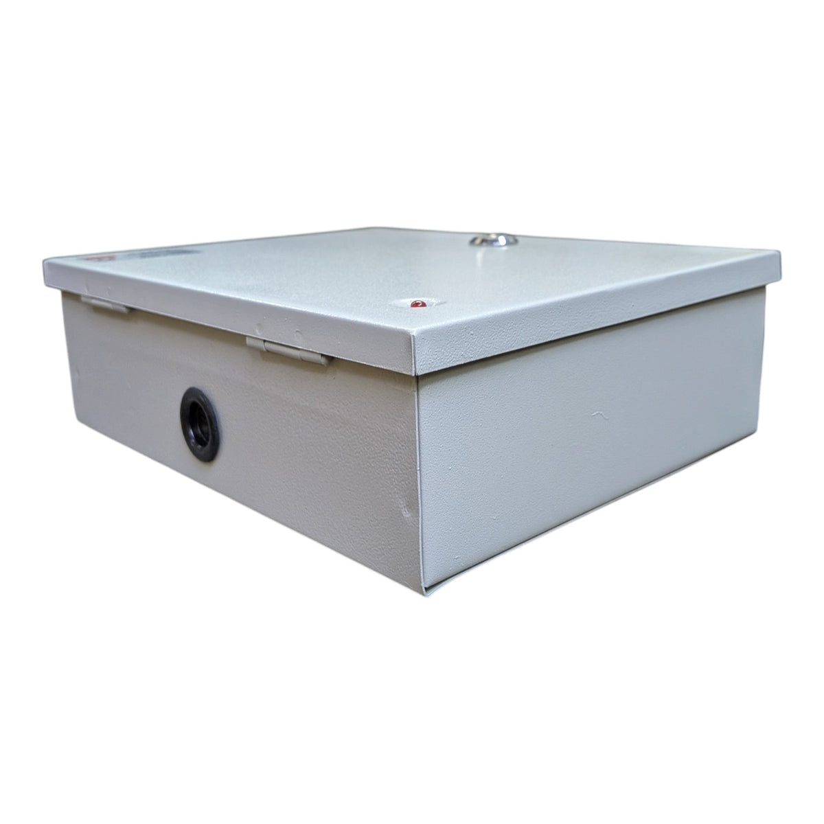 The grey lockable metal enclosure of the 4-channel CCTV power supply, featuring an IEC C14 power inlet at the bottom.