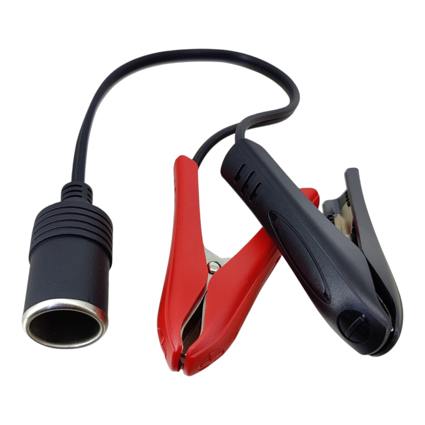 Full view of the 12V battery alligator clips connected to a female cigarette lighter socket via a 30cm 16AWG cable.