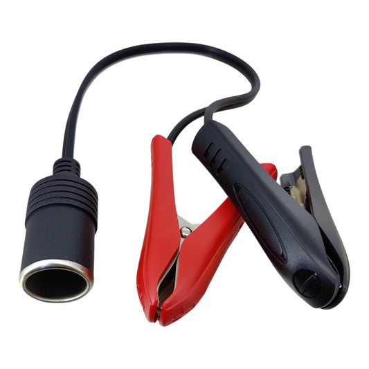 Full view of the 12V battery alligator clips connected to a female cigarette lighter socket via a 30cm 16AWG cable.