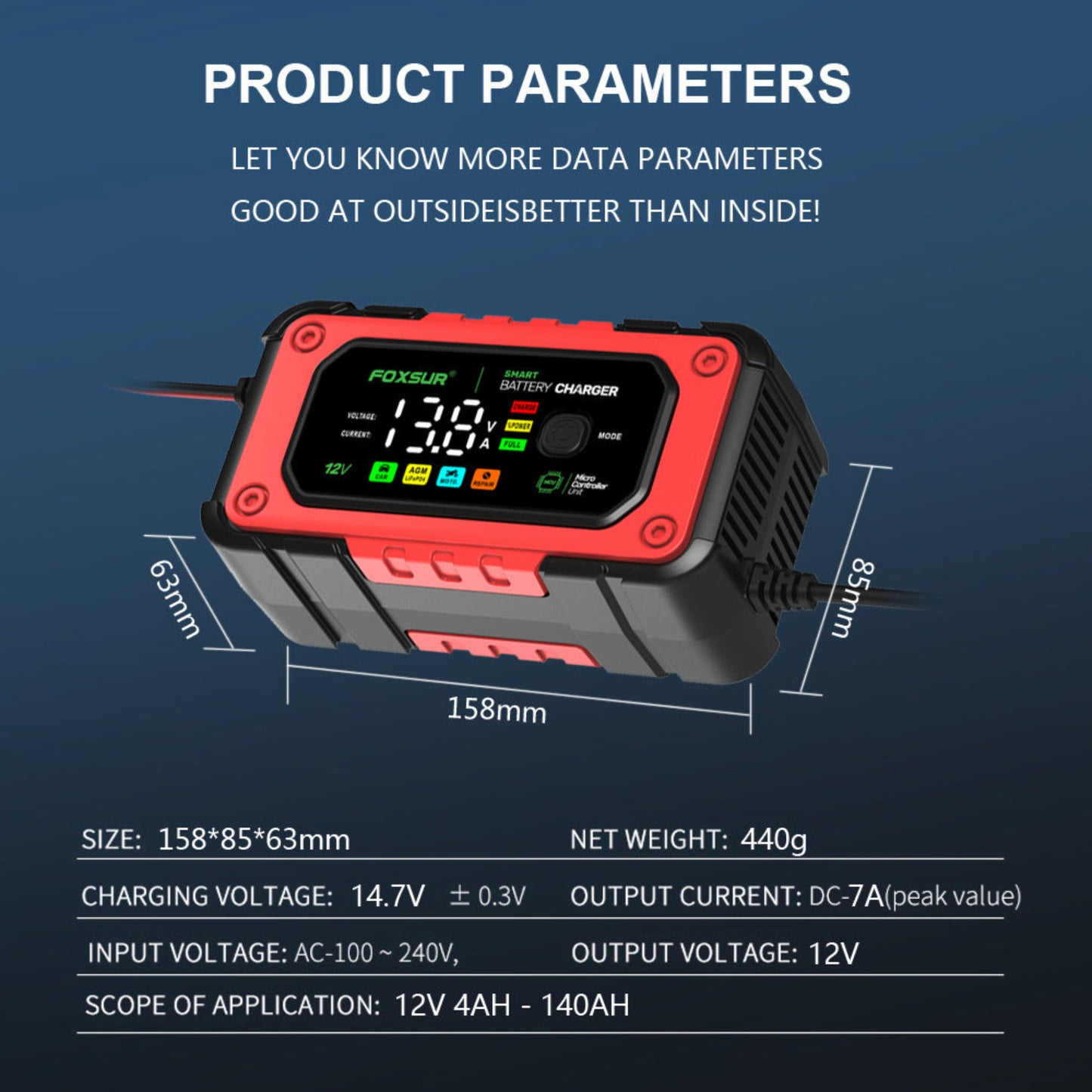 Product dimensions and technical parameters of the 12V 7A charger