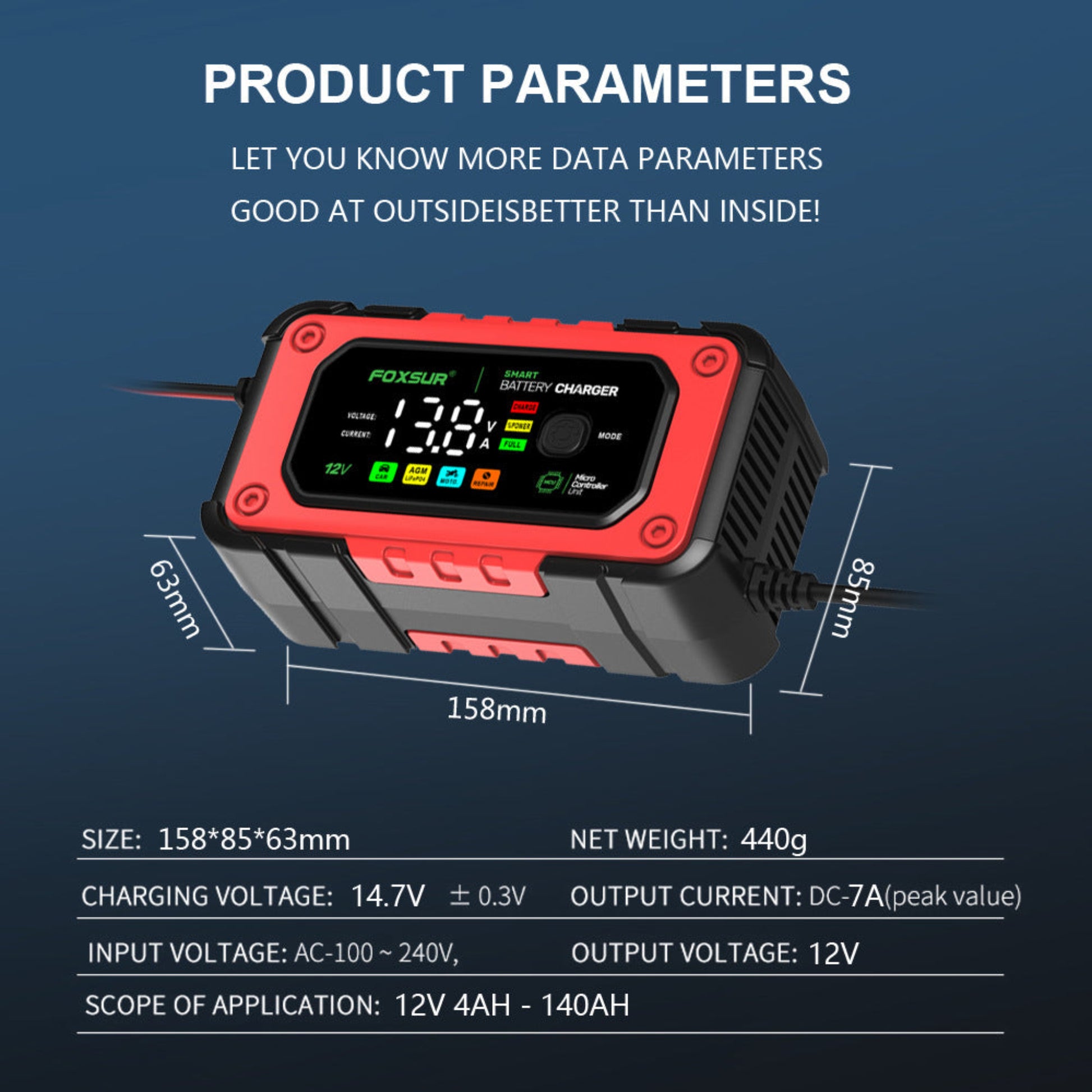 Product dimensions and technical parameters of the 12V 7A charger