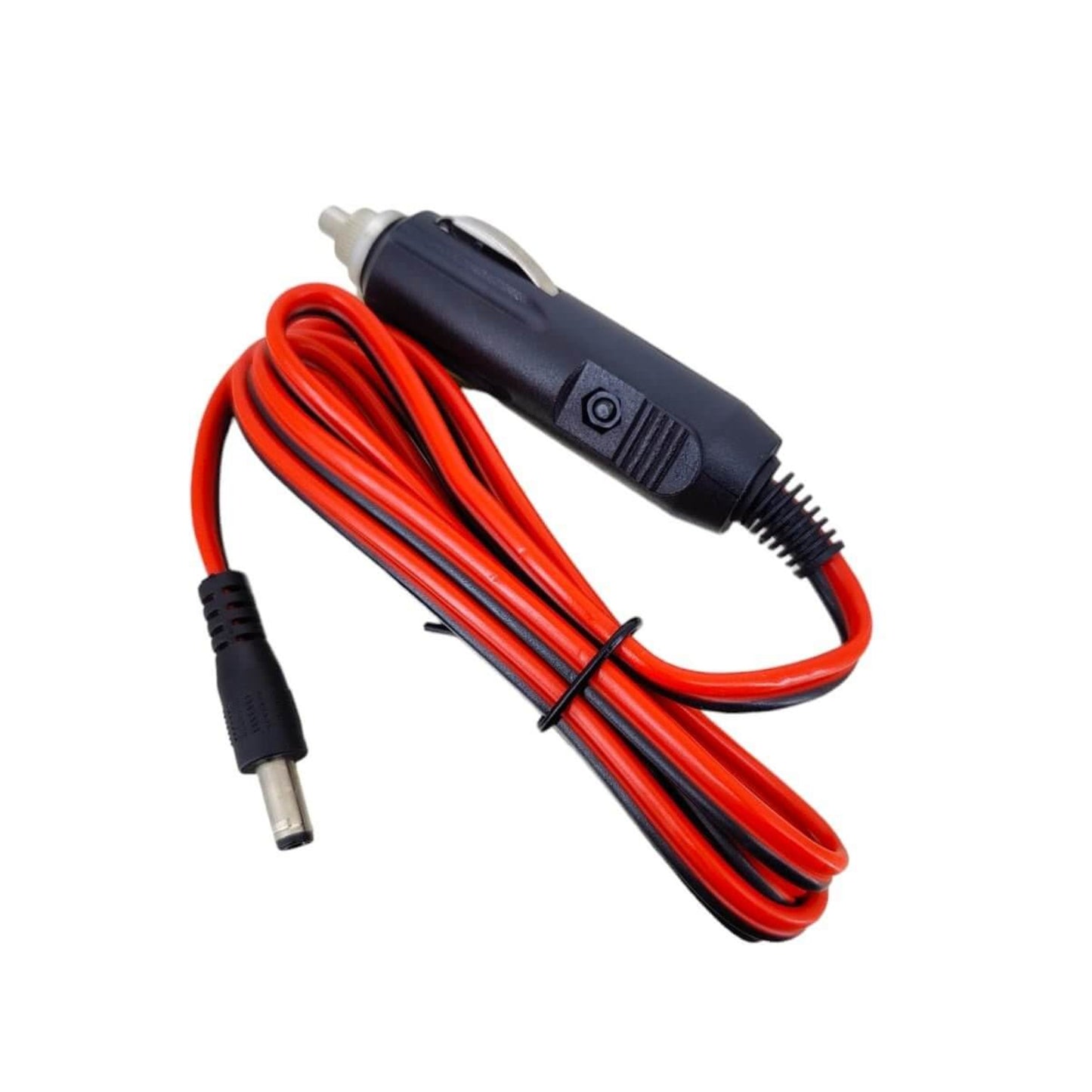12V car cigarette lighter to DC 5.5mm x 2.1mm power cable with LED indicator and built-in fuse protection.