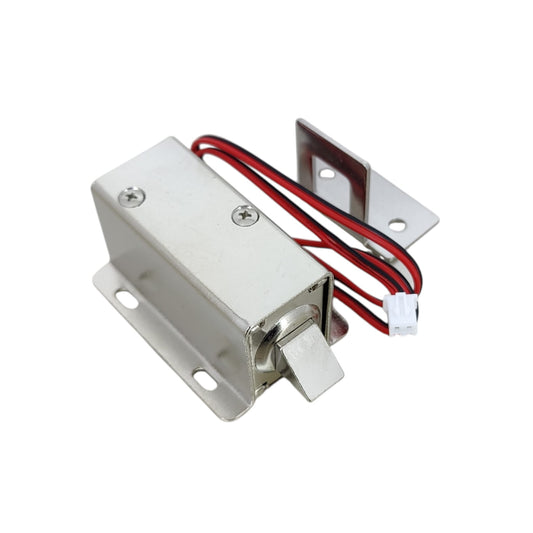12V DC continuous power solenoid lock with metal strike plate.