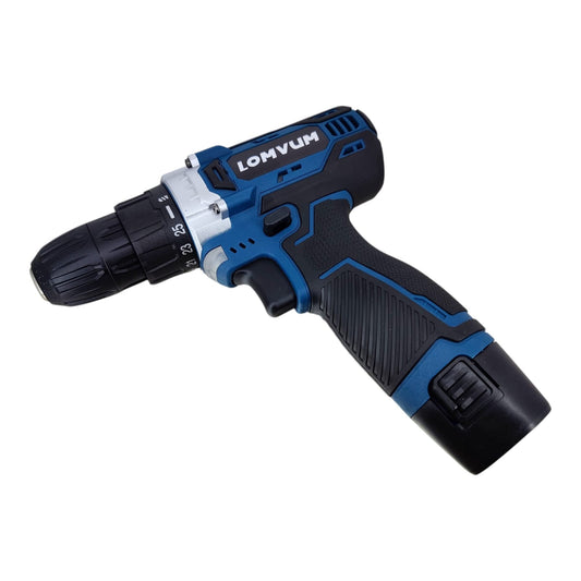 Front view of the LOMVUM 12V cordless drill with an adjustable torque setting.