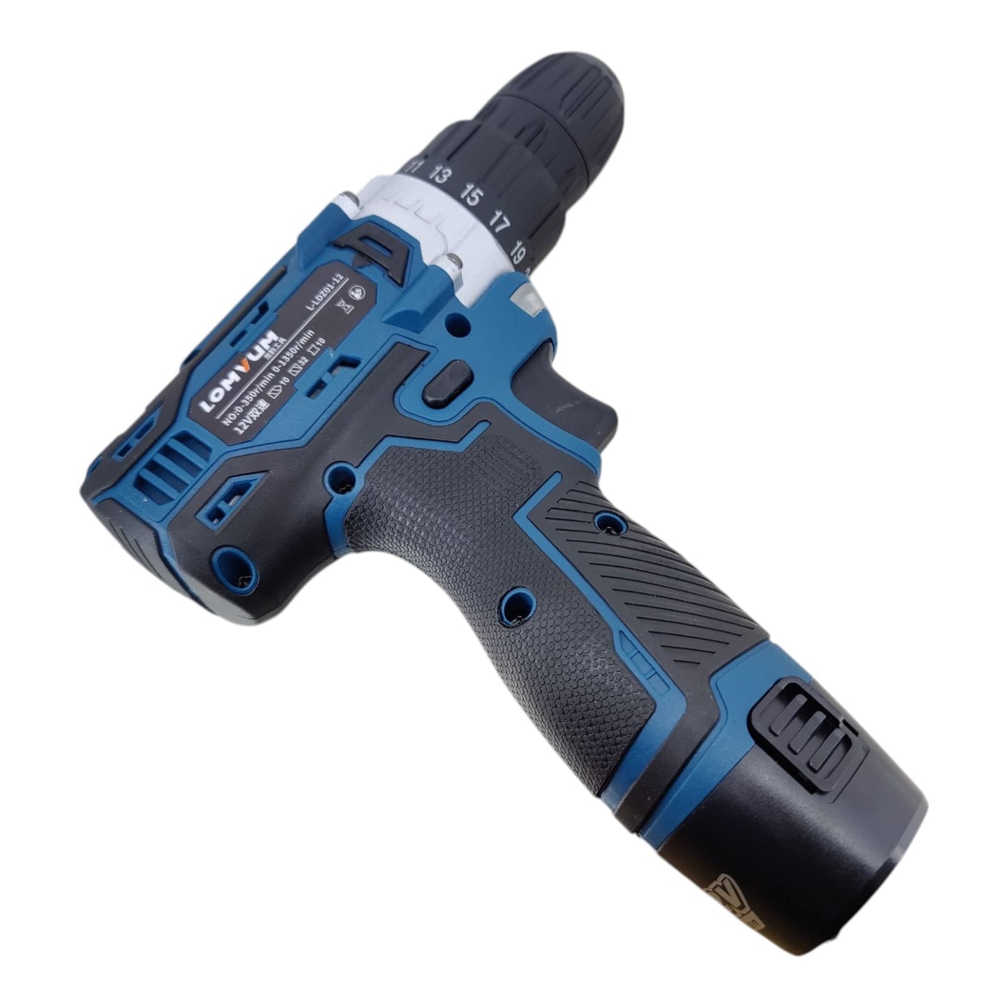 Side view of the LOMVUM 12V drill, showing its ergonomic handle design.