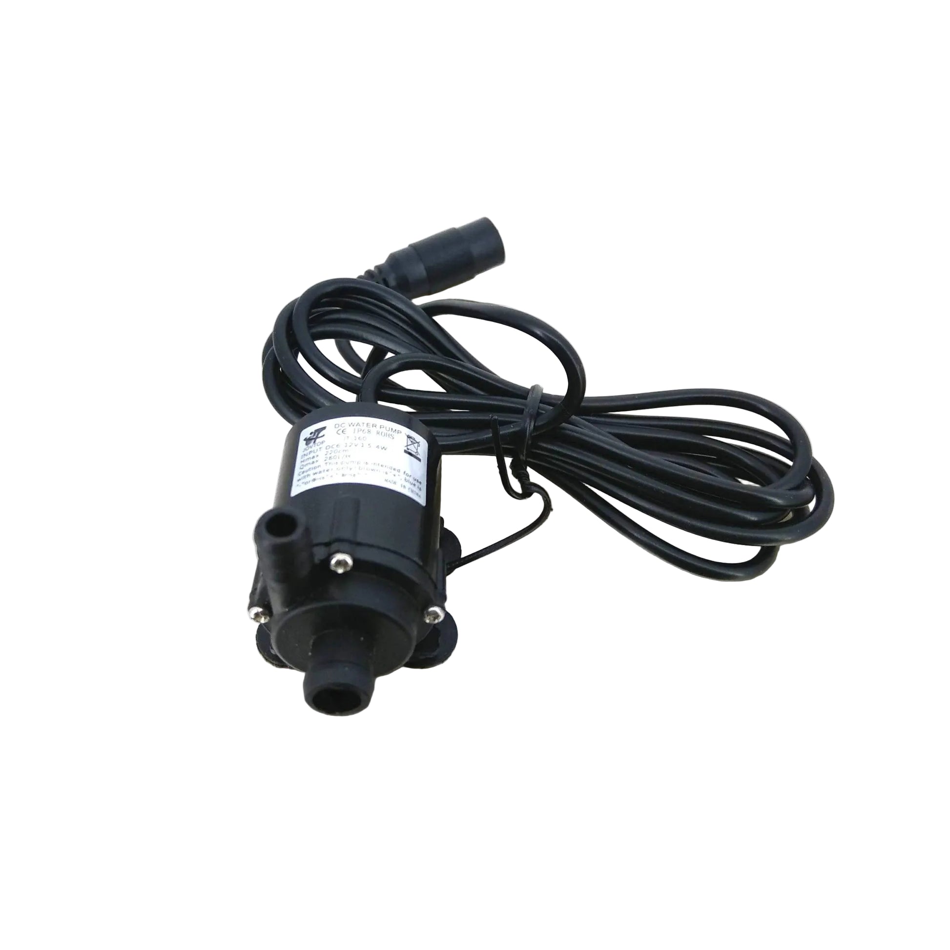 JT-160 12V DC submersible mini water pump showing top inlet and outlet.