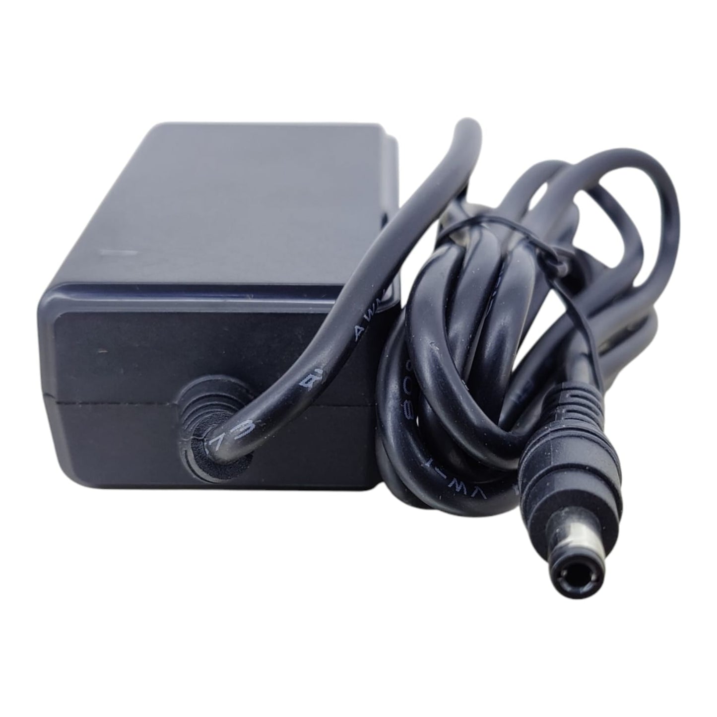 A 12V 2A power adapter with its output cable and 5.5mm barrel plug connector in the foreground.