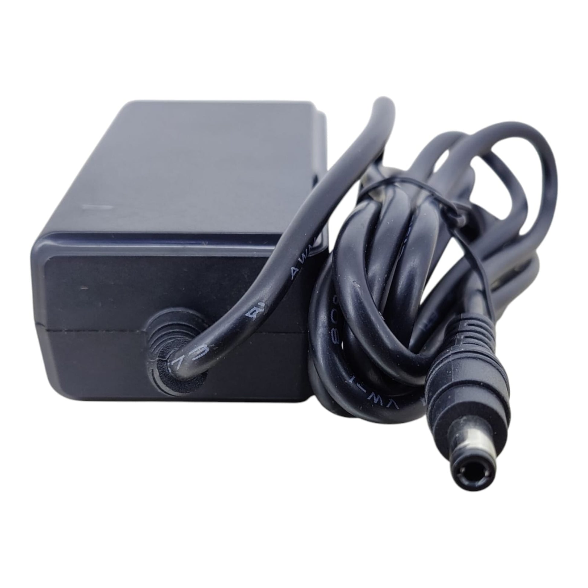 A 12V 2A power adapter with its output cable and 5.5mm barrel plug connector in the foreground.