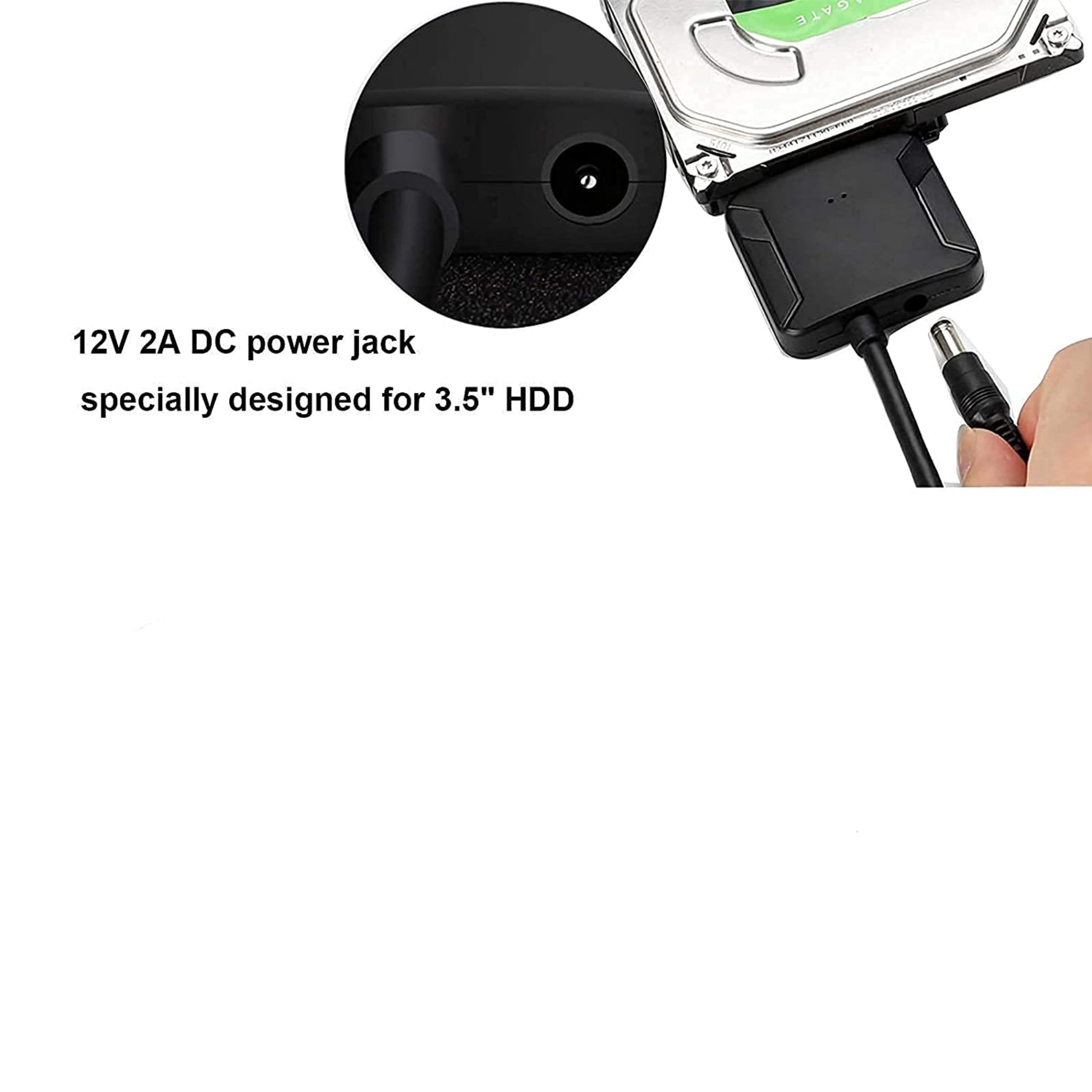 專為 3.5 吋大硬碟設計的 12V 2A DC 電源輸入接口及火牛示意圖。