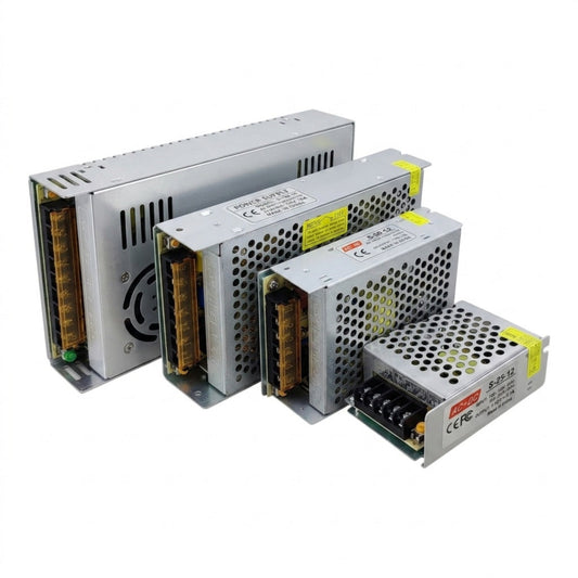 Group comparison of premium 12V industrial power supply units showing various sizes.
