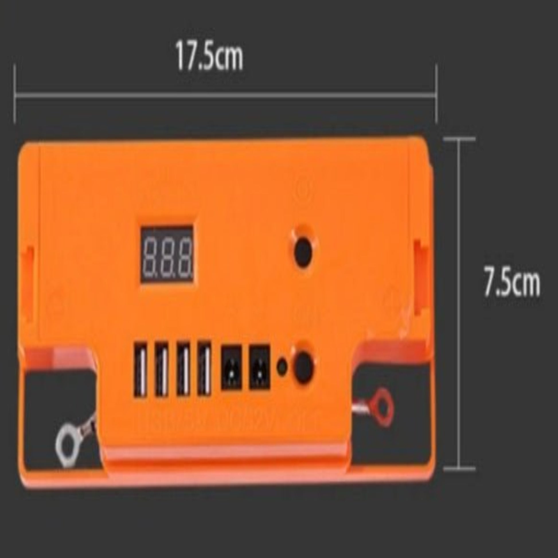 12V portable battery power bank with LED light, USB ports, and digital display, dimensions 17.5cm x 7.5cm.