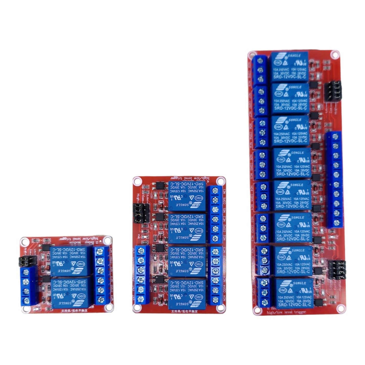 A group photo showing the 2-channel, 4-channel, and 8-channel 12V relay modules on a white background.