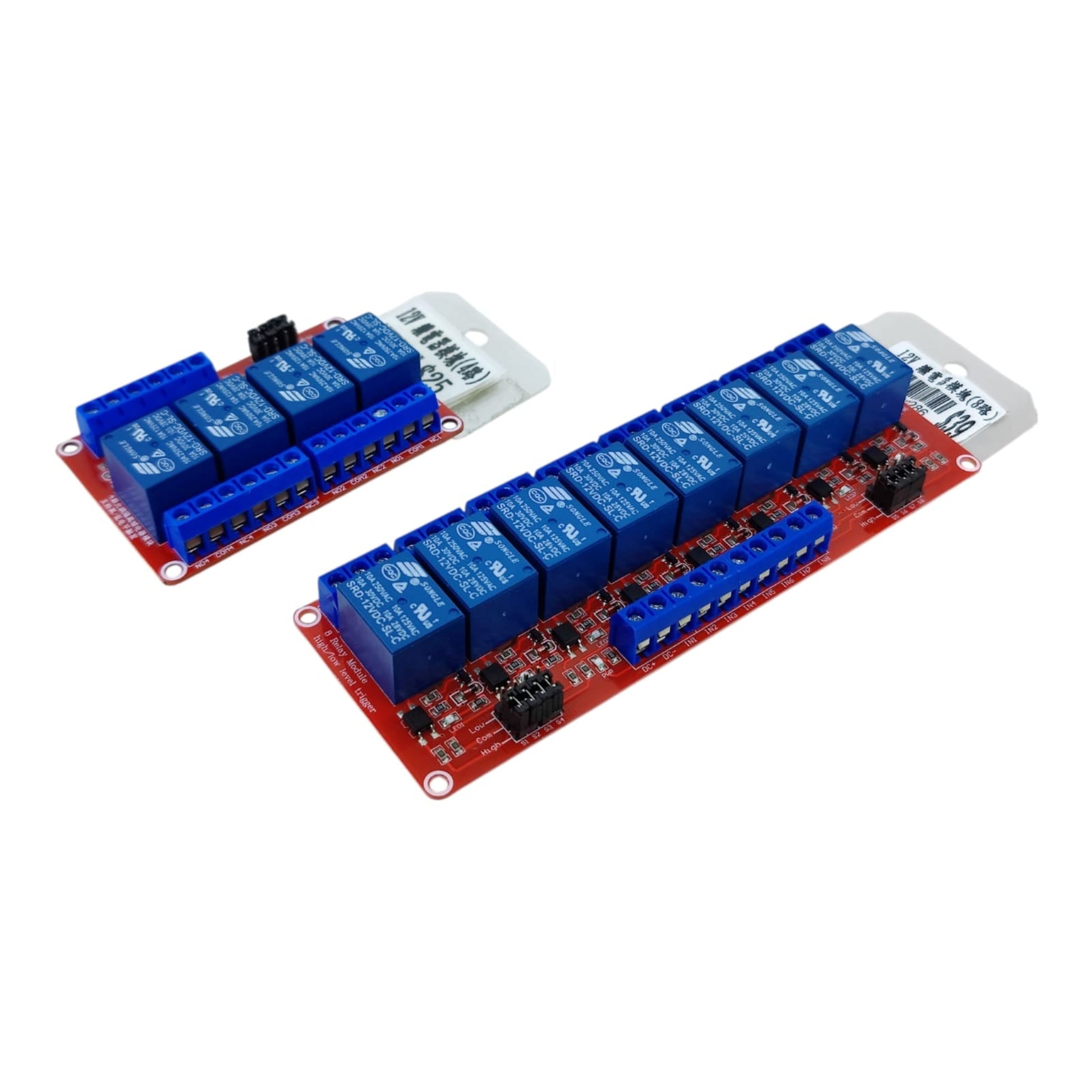 Angled comparison shot of the 2-channel and 8-channel 12V relay modules, showing the side profiles.