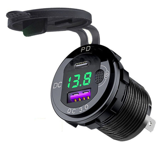 12V aluminum car charger socket with PD and QC3.0 ports, showing green LED voltmeter and power switch.