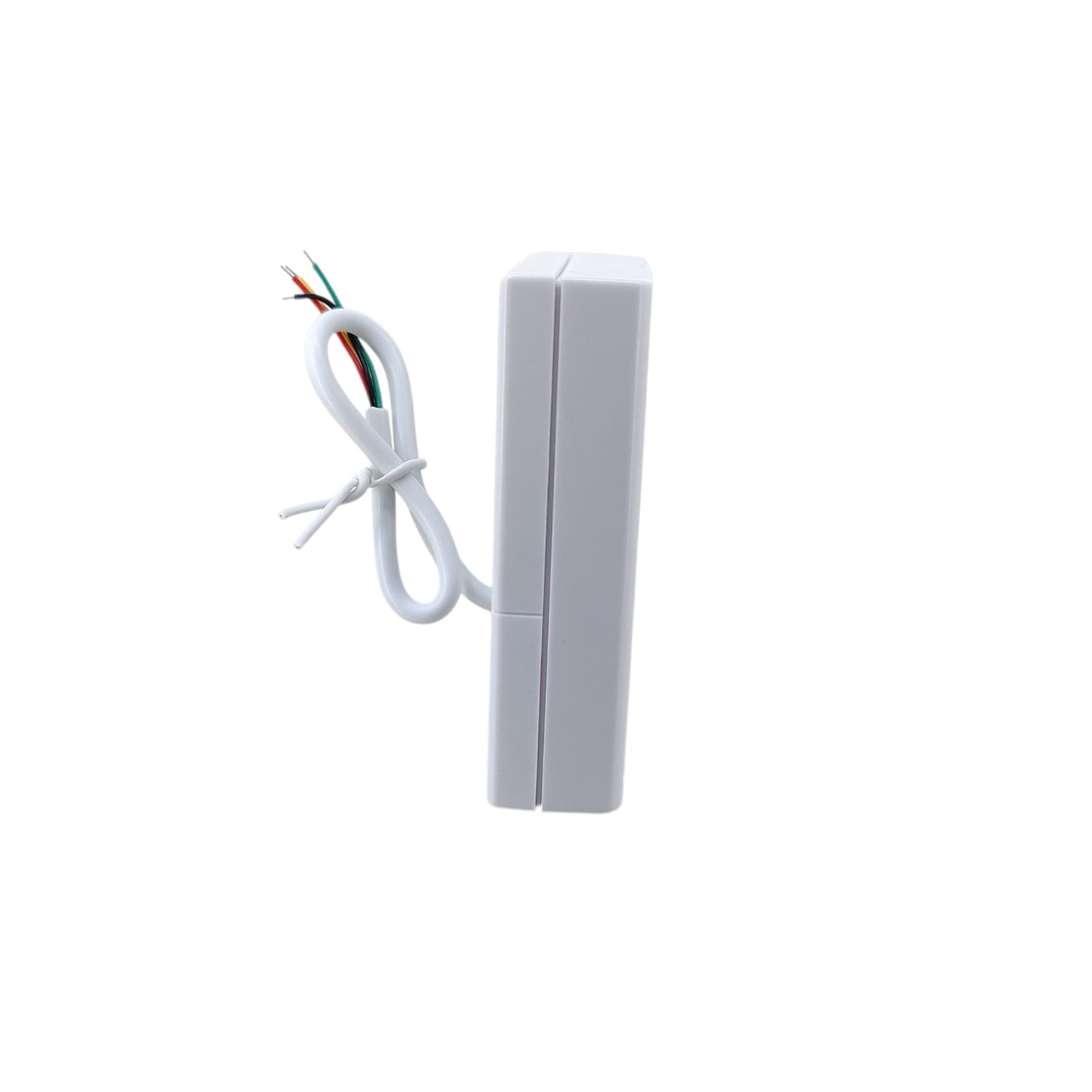 Side view of the compact white 12V doorbell, showcasing its slim design and approximately 15cm wire length.