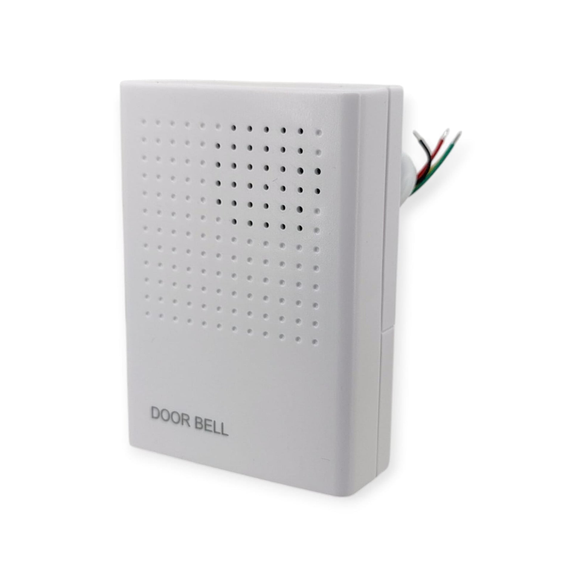 White 12V wired doorbell with 'DOOR BELL' text, speaker grille, suitable for home and office access control systems.