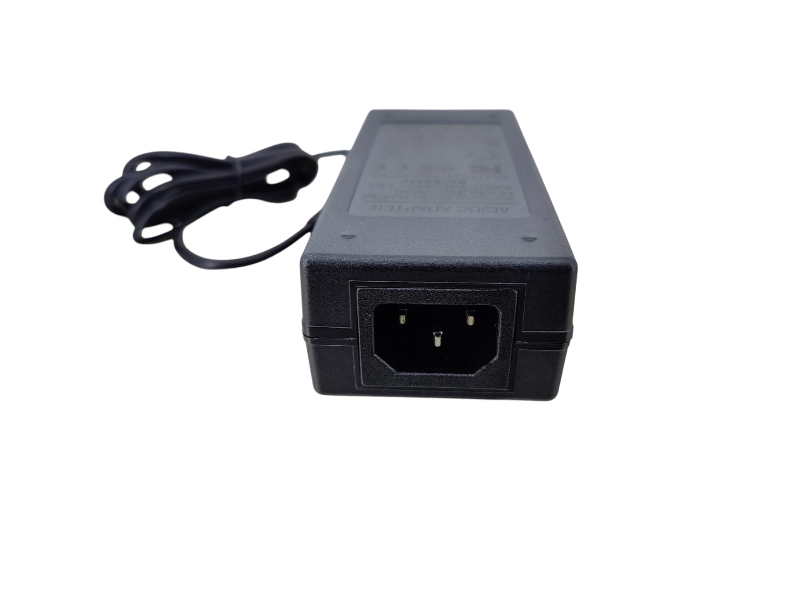 12V 5A universal AC/DC power adapter with 5.5x2.5mm plug and power cable, front view showing input port.