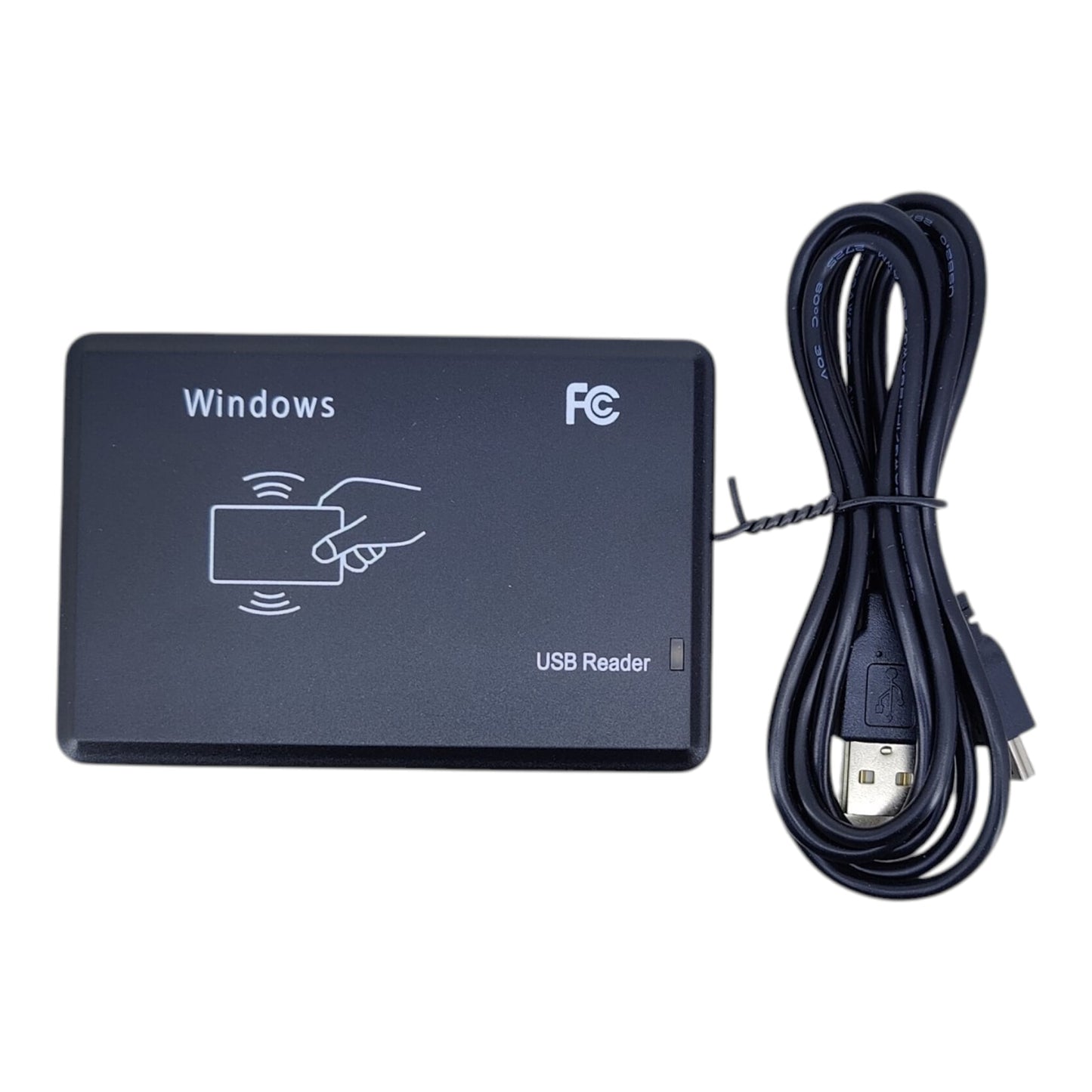 Top view of black 13.56MHz USB RFID IC card reader with connection cable.