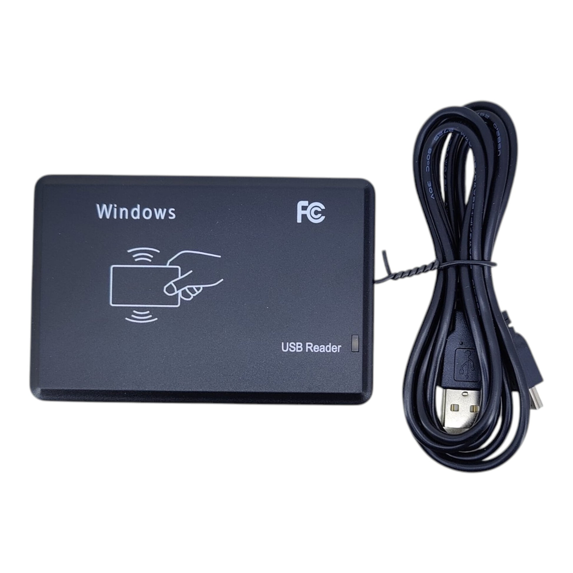 Top view of black 13.56MHz USB RFID IC card reader with connection cable.