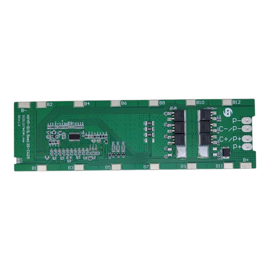 Top view of 13S 48V 20A BMS board showing MOSFETs and balancing connectors.