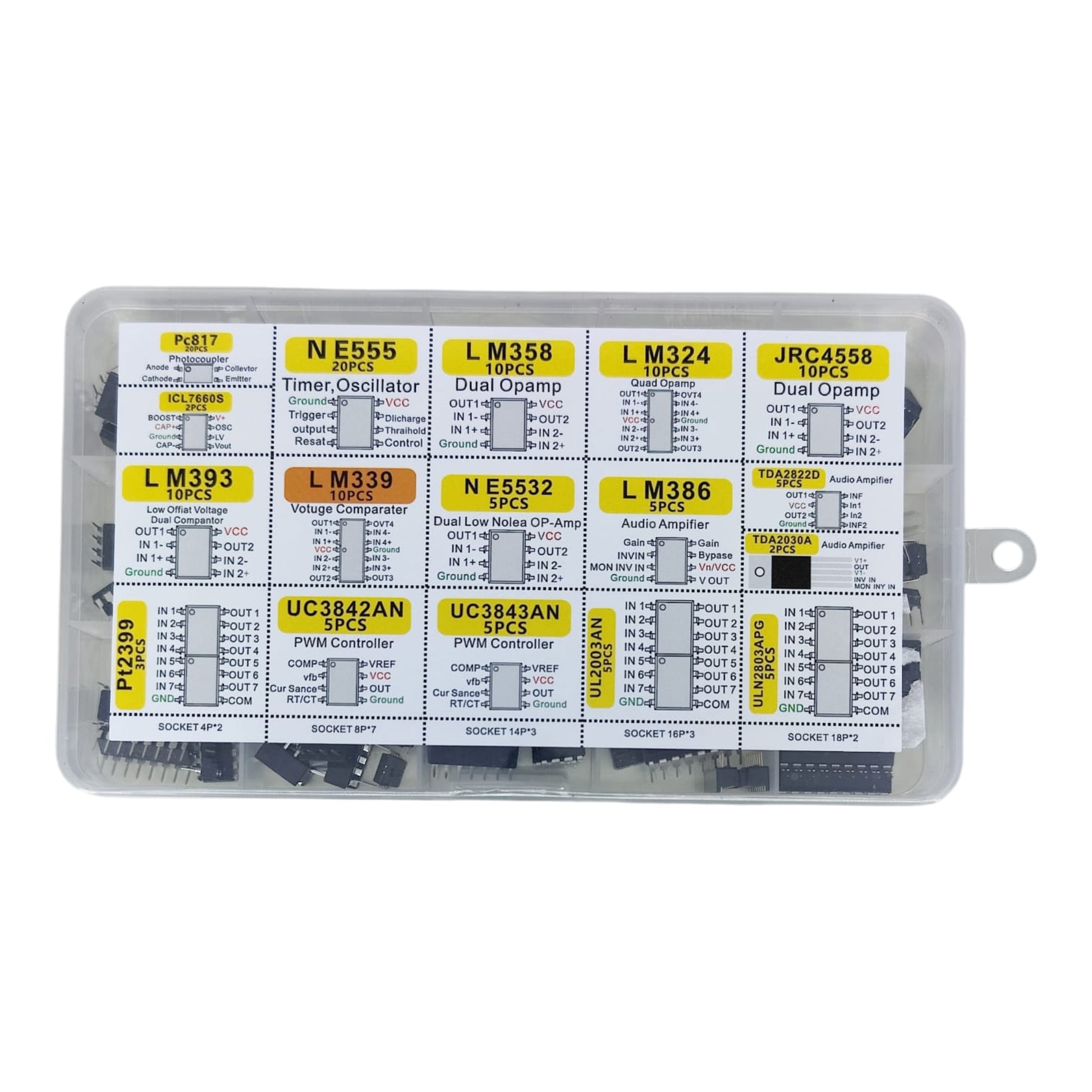 Top view of IC assortment box lid showing labels for NE555, LM358, LM324, and other integrated circuits with pinout diagrams.