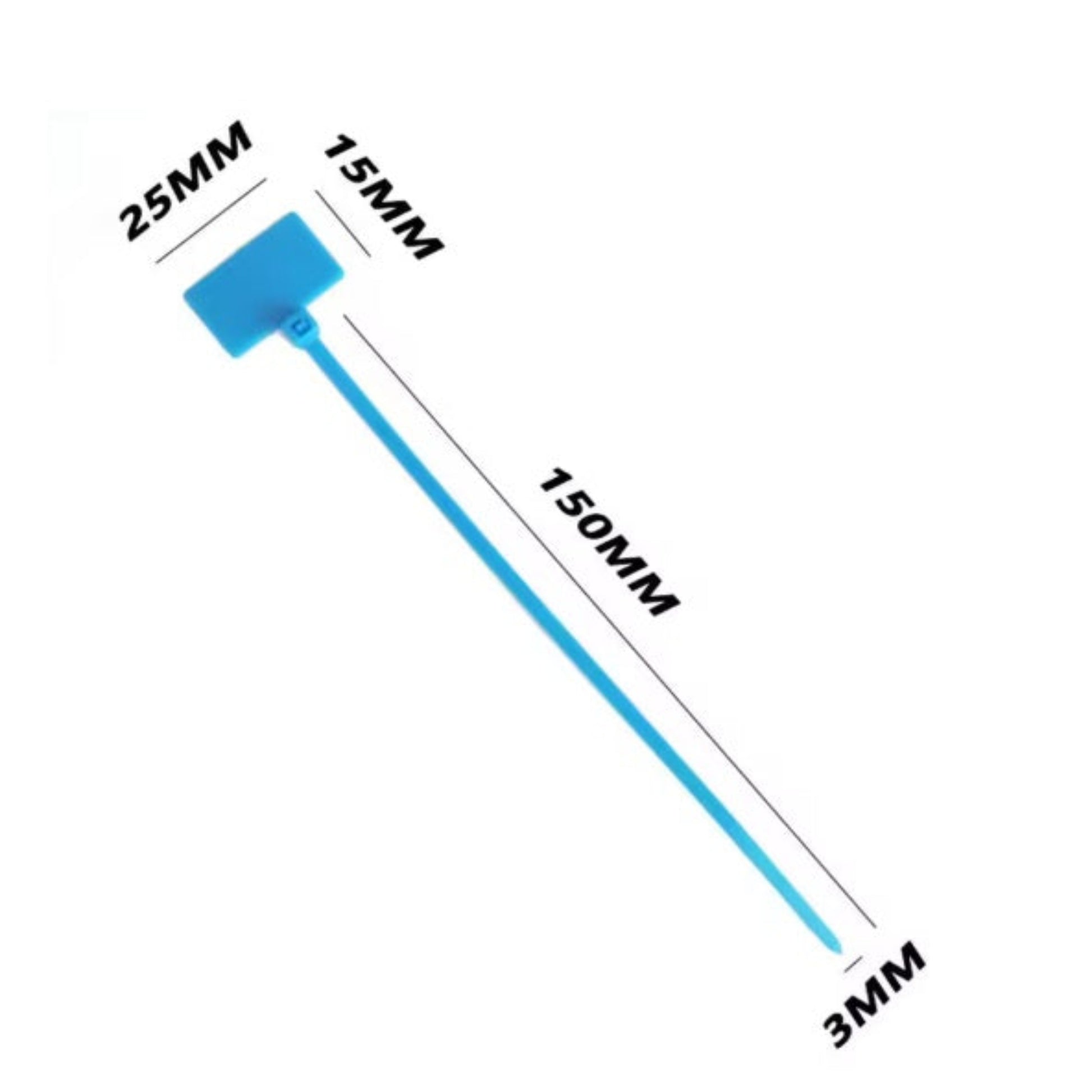 A technical diagram of a blue tag cable tie showing its dimensions: 150mm total length and a 25mm by 15mm tag.