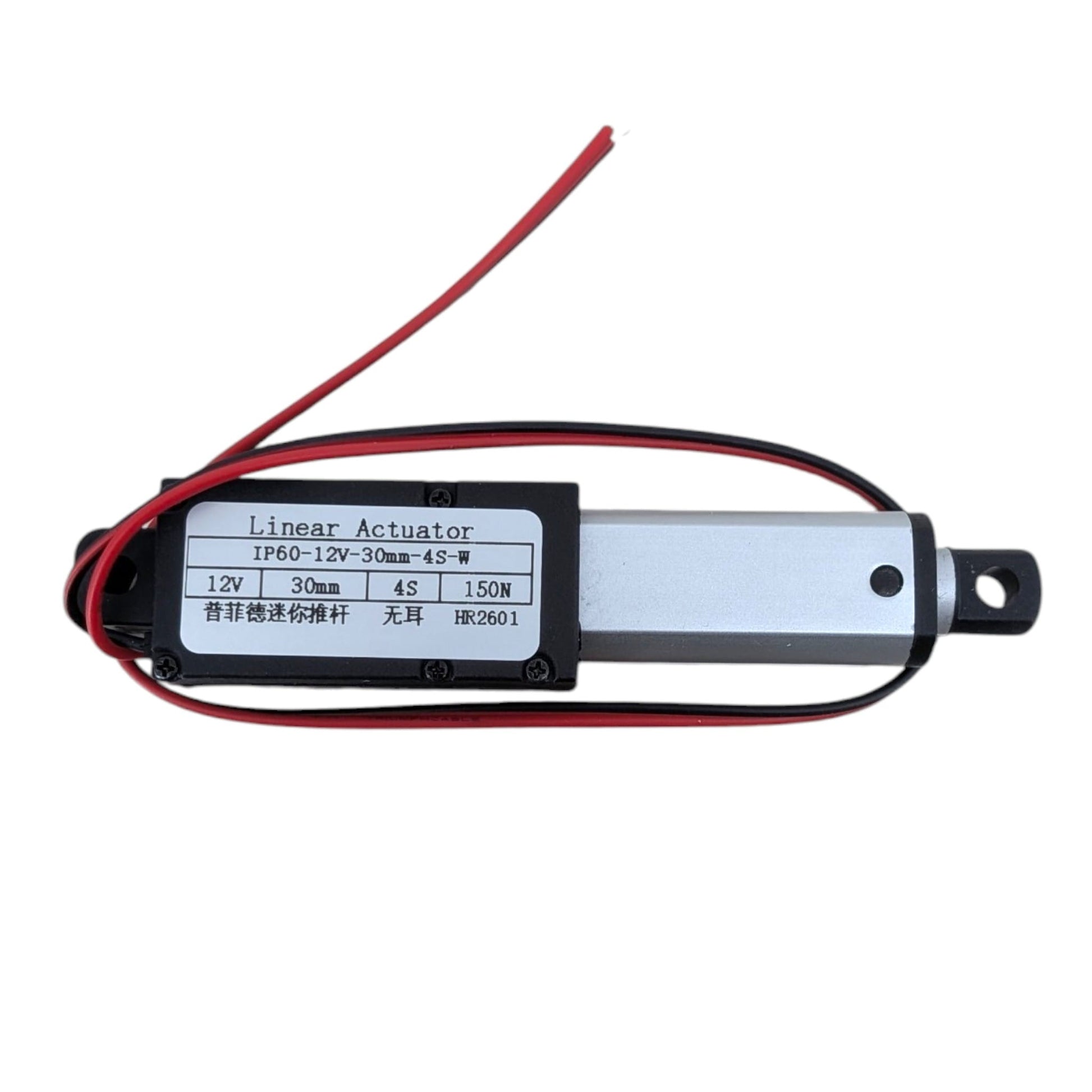 迷你推拉桿標籤特寫，清晰顯示 IP60 防塵等級、12V 電壓、30mm 行程及 150N 強大推力。